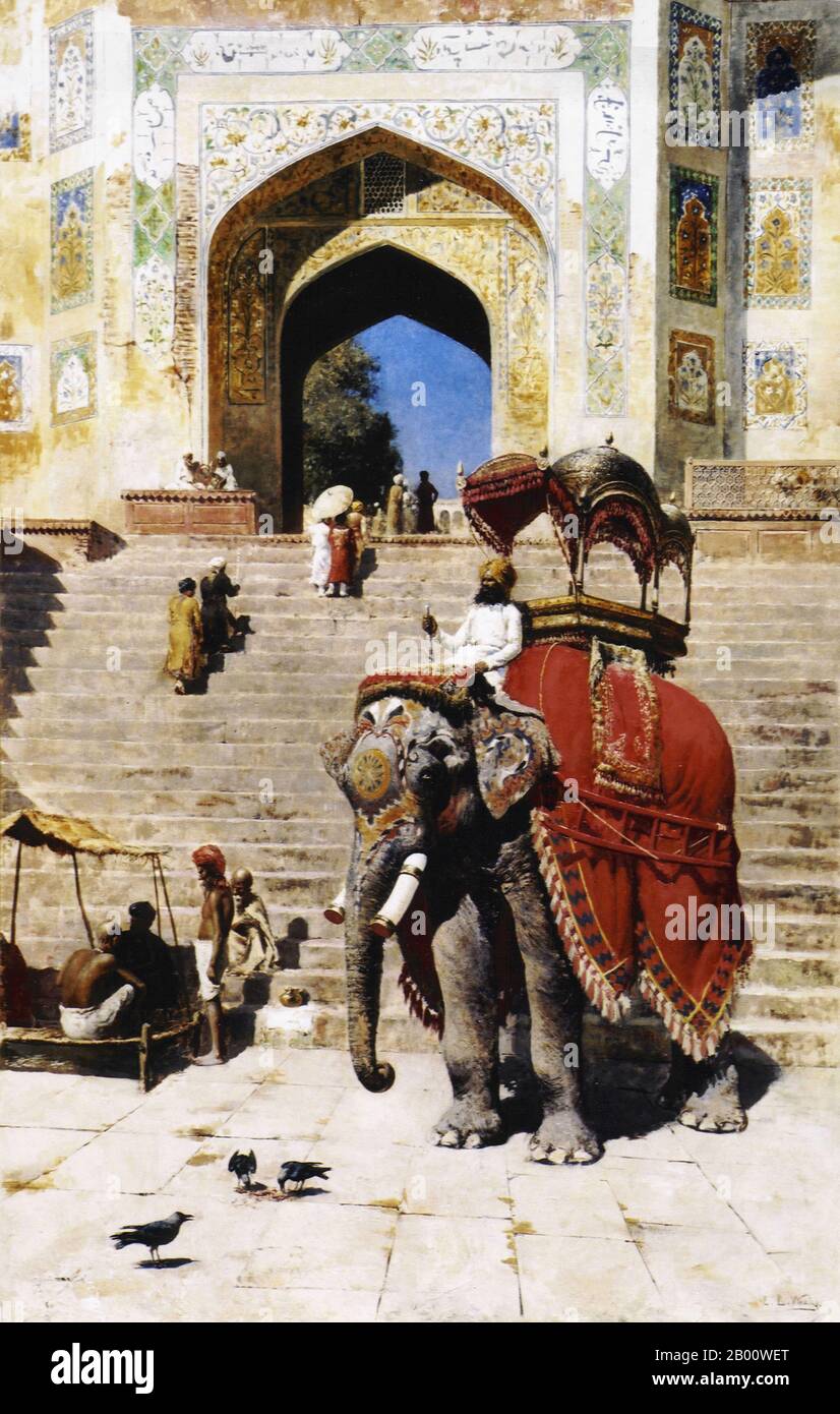 Inde: 'L'éléphant royal à la porte de la Jama Masjid, Mathura'. Peinture à l'huile sur toile par Edwin Lord Weeks (1849-1903), c. 1895. Edwin Lord Weeks (1849 – 1903), artiste et orientaliste américain, est né à Boston, Massachusetts, en 1849. Il fut élève de Léon Bonnat et de Jean-Léon Gérame, à Paris. Il a fait de nombreux voyages à l'est, et a été distingué comme un peintre de scènes orientales. Les parents de Weeks étaient des marchands aisés d'épices et de thé de Boston et, à ce titre, ils ont pu accepter, probablement encourager et certainement financer l'intérêt de la jeunesse de leur fils pour la peinture et les voyages. Banque D'Images