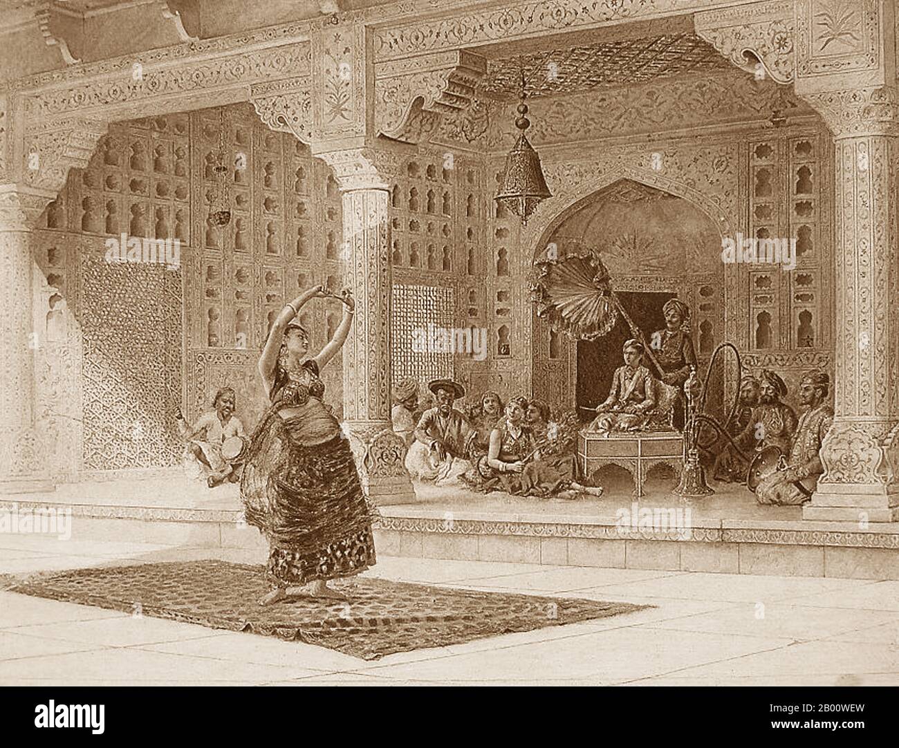 Inde: 'Le Nautch'. Photogravure de D. Appleton après une peinture d'Edwin Lord Weeks (1849-1903), c. 1880. Edwin Lord Weeks (1849 – 1903), artiste et orientaliste américain, est né à Boston, Massachusetts, en 1849. Il fut élève de Léon Bonnat et de Jean-Léon Gérame, à Paris. Il a fait de nombreux voyages à l'est, et a été distingué comme un peintre de scènes orientales. Les parents de Weeks étaient de riches marchands d'épices et de thé de Newton, une banlieue de Boston et, à ce titre, ils ont pu accepter, probablement encourager, et certainement financer l'intérêt de la jeunesse de leur fils pour la peinture et les voyages. Banque D'Images