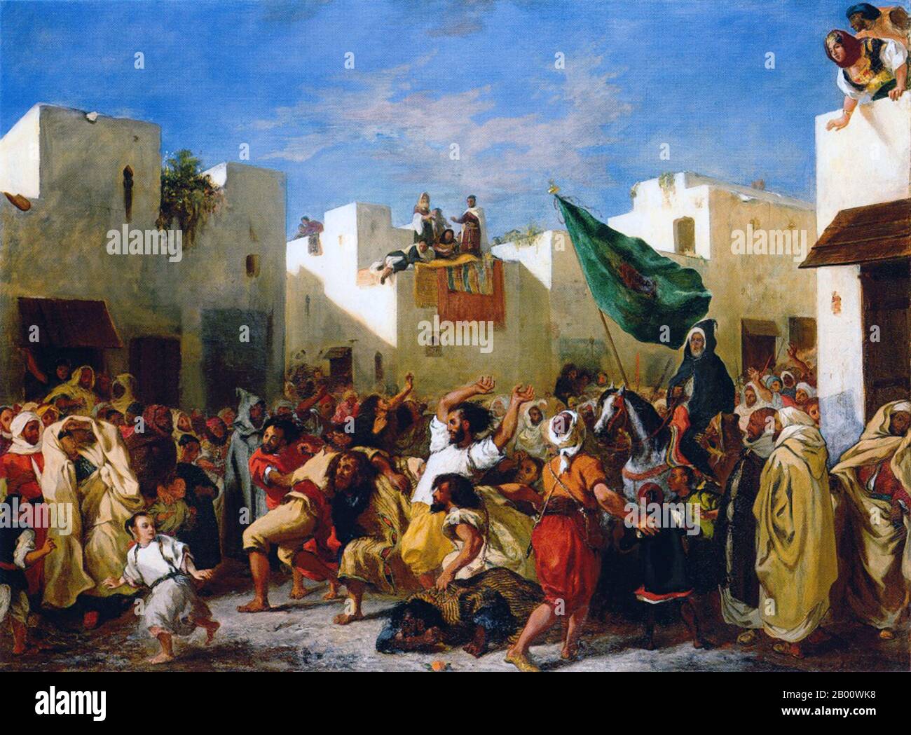 Maroc: 'Les fanatiques de Tanger'. Peinture à l'huile sur toile par Eugene Delacroix (1798-1863), 1838. Ferdinand Victor Eugène Delacroix (26 avril 1798 - 13 août 1863) est le maître reconnu de l'école romantique française. En 1832, il se rend en Afrique du Nord avec l'ambassadeur de France, le comte de Mornay, qui négociera un traité d'amitié avec le sultan marocain. Un jour à Tanger, les deux se sont cachés dans un grenier et à travers les fissures d'une fenêtre à volets ont été témoins de la frénésie des Aïssaouas, 'une secte musulmane fanatique'. L'Aissawa est une fraternité religieuse et mystique. Banque D'Images