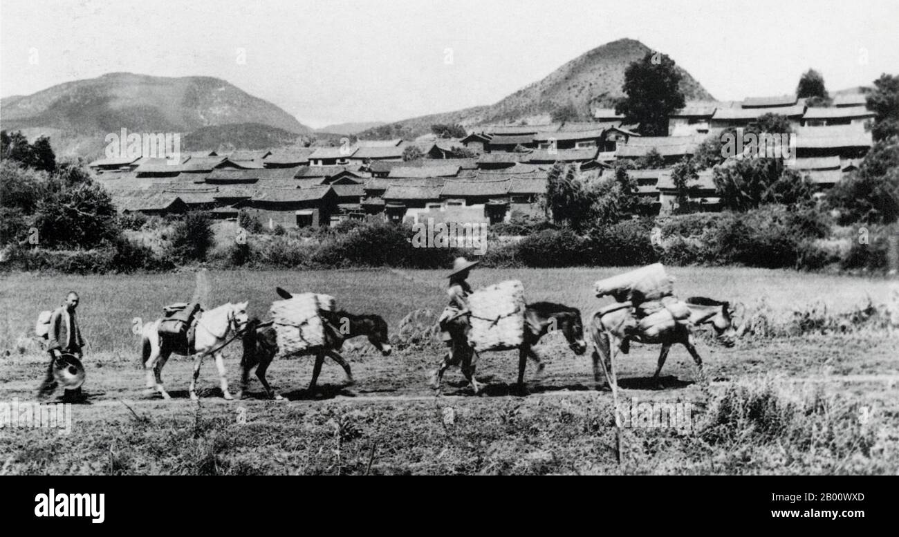 Chine : commerçants ethniques de Haw, photographiés en 1910 avec une caravane de chevaux à dos. Le peuple Haw est un petit sous-groupe de Chinois Han qui vivent principalement dans la zone frontalière montagneuse entre Simao dans la province du Yunnan, Dien bien au Vietnam et Phongsali au Laos. Banque D'Images Chine : commerçants ethniques de Haw, photographiés en 1910 avec une caravane de chevaux à dos. Le peuple Haw est un petit sous-groupe de Chinois Han qui vivent principalement dans la zone frontalière montagneuse entre Simao dans la province du Yunnan, Dien bien au Vietnam et Phongsali au Laos. Banque D'Images