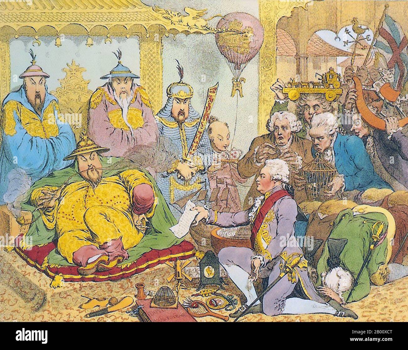 Chine/Royaume-Uni : réception de la mission Macartney à la Cour de Qing. Gravure à la main de James Gillray (1756-1815), 1792. «une caricature sur l'ambassade de Lord Macartney en Chine et sur le petit que l'ambassadeur et son gouvernement sont présumés avoir connu des manières et des goûts des gens qu'ils voulaient concilier (Le but de la visite était de proposer la création d'une mission permanente en anglais à la cour de Pékin). L'étiquette chinoise est que des prostrations extrêmes devraient être faites avant l'Empereur, à laquelle il a été intimidés Lord Macartney ne se conforterait pas. » Banque D'Images