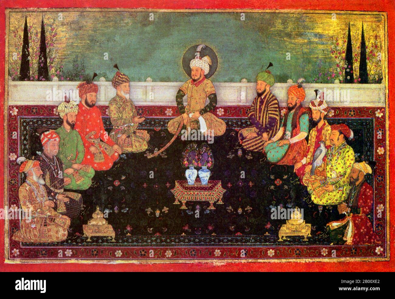 Inde: 'Les dirigeants de la dynastie Mughal de Babur à Aurangzeb, avec leur ancêtre Timur'. Peinture aquarelle miniature de c. 1707-1712. Timur (1336—1405) était le conquérant de l'Asie occidentale, du Sud et centrale, fondateur de l'Empire timurien et de la dynastie timuride (1370—1405) en Asie centrale, et arrière-grand-père de Babur, le fondateur de la dynastie Mughal, qui a survécu jusqu'en 1857 comme empire moghol en Inde. Banque D'Images