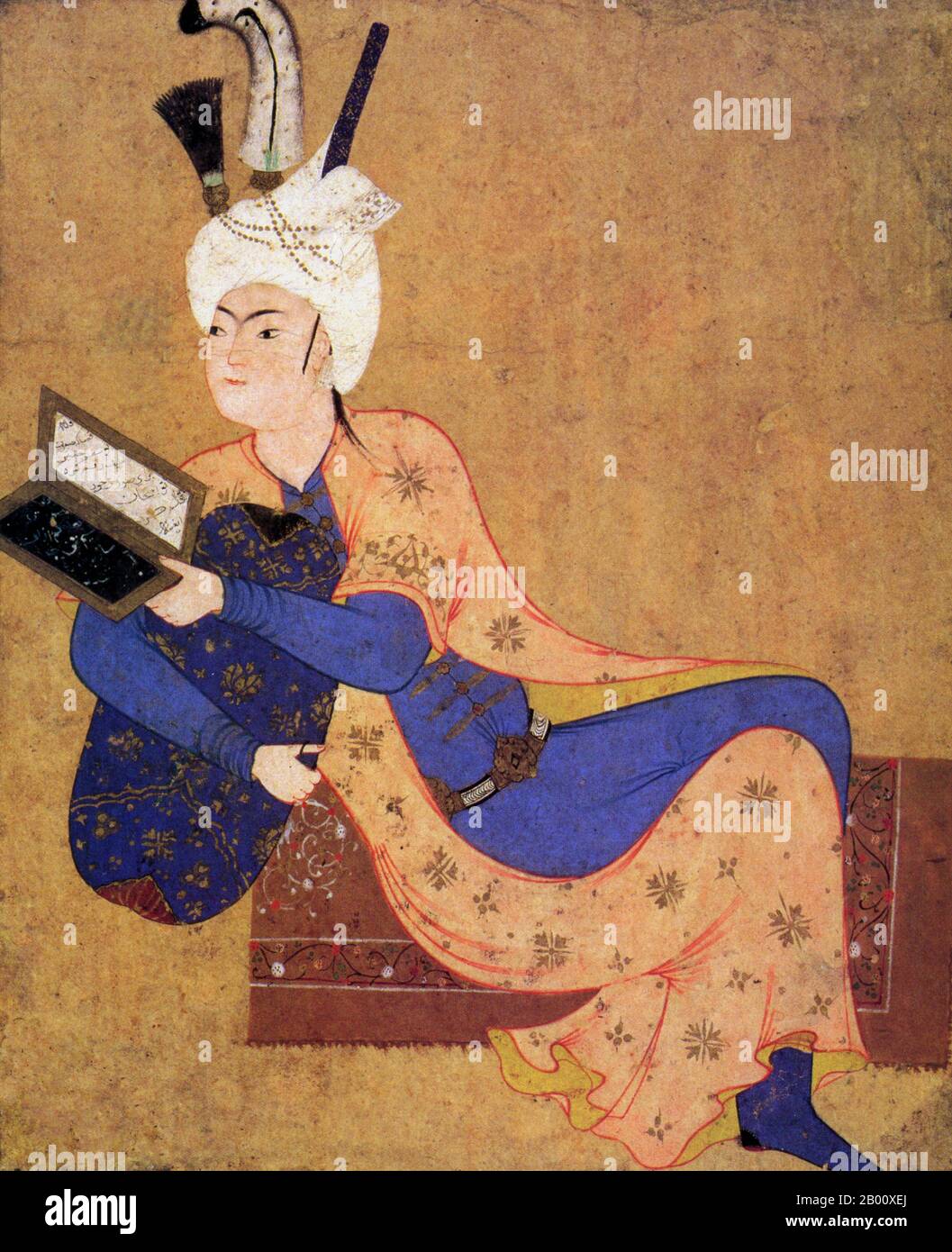 Iran: Une peinture miniature par AQA Mirak (fl. 1520-1576) d'un prince de Tabriz en repos, c. 1530 CE. Tabriz a été la capitale de l'empire safavide de 1501 à 1548, au cours de laquelle de nombreux grands peintres, tels que AQA Mirak, Mir Sayyid Ali et Dust Muhammad ont produit de magnifiques manuscrits royaux. L'art safavide est la référence pour la peinture, la littérature et l'architecture, ainsi que pour la céramique, le métal et le verre. Bien que nourrie bien sûr par la culture persane, une grande partie de l'art safavide a été fortement influencée par les cultures turques, chinoises, ottomanes et occidentales. Banque D'Images