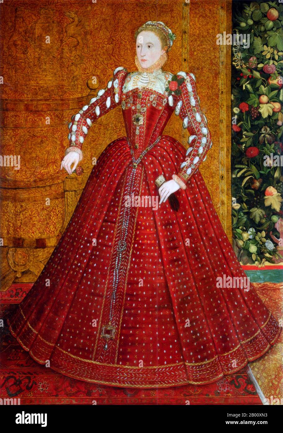 Angleterre: 'La reine Elizabeth I'. Le 'Hampden Portrait', peinture huile sur toile par Steven van der Meulen (fl. 1543-1568), chap 1563. Elizabeth I (7 septembre 1533 – 24 mars 1603) a été Reine Regnant d'Angleterre et Reine Regnant d'Irlande du 17 novembre 1558 jusqu'à sa mort. Parfois appelée la Reine de la Vierge, Gloriana, ou la bonne Reine Bess, Elizabeth était le cinquième et dernier monarque de la dynastie Tudor. La politique étrangère d'Elizabeth I à l'égard de l'Asie, de l'Afrique et de l'Amérique latine a démontré une nouvelle compréhension du rôle de l'Angleterre en tant que puissance maritime et protestante dans une économie de plus en plus mondiale. Banque D'Images