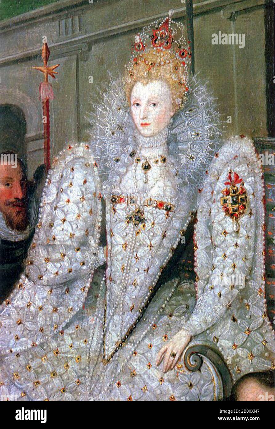 Angleterre: Elizabeth I, Reine d'Angleterre (r. 1558-1603). « Portrait de procession » attribué à Robert Peake l'aîné (1551-1619), c. 1600. Elizabeth I (7 septembre 1533 – 24 mars 1603) a été Reine Regnant d'Angleterre et Reine Regnant d'Irlande du 17 novembre 1558 jusqu'à sa mort. Parfois appelée la Reine de la Vierge, Gloriana, ou la bonne Reine Bess, Elizabeth était le cinquième et dernier monarque de la dynastie Tudor. La politique étrangère d'Elizabeth I à l'égard de l'Asie, de l'Afrique et de l'Amérique latine a démontré une nouvelle compréhension du rôle de l'Angleterre en tant que puissance maritime et protestante dans une économie mondiale. Banque D'Images
