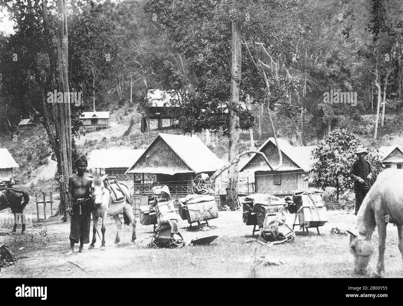 Thaïlande: Une caravane chinoise du Yunnanese de commerçants 'Chin Haw' a campé près de Chiang Khong, à la fin du XIXe siècle. Depuis plusieurs siècles, les muleteurs chinois du Yunnanese sont les commerçants du 'Triangle d'Or' formé par la jonction entre la Birmanie, la Chine, le Laos et la Thaïlande. Voyageant aussi loin que Moulmein en Birmanie, Chengdu en Chine, Luang Prabang au Laos, Chiang Mai en Thaïlande et Lhassa au Tibet, ils sont depuis longtemps des maîtres de caravanes indomptable et continuent aujourd'hui de prospérer dans le commerce de longue distance motorisé. Banque D'Images Thaïlande: Une caravane chinoise du Yunnanese de commerçants 'Chin Haw' a campé près de Chiang Khong, à la fin du XIXe siècle. Depuis plusieurs siècles, les muleteurs chinois du Yunnanese sont les commerçants du 'Triangle d'Or' formé par la jonction entre la Birmanie, la Chine, le Laos et la Thaïlande. Voyageant aussi loin que Moulmein en Birmanie, Chengdu en Chine, Luang Prabang au Laos, Chiang Mai en Thaïlande et Lhassa au Tibet, ils sont depuis longtemps des maîtres de caravanes indomptable et continuent aujourd'hui de prospérer dans le commerce de longue distance motorisé. Banque D'Images