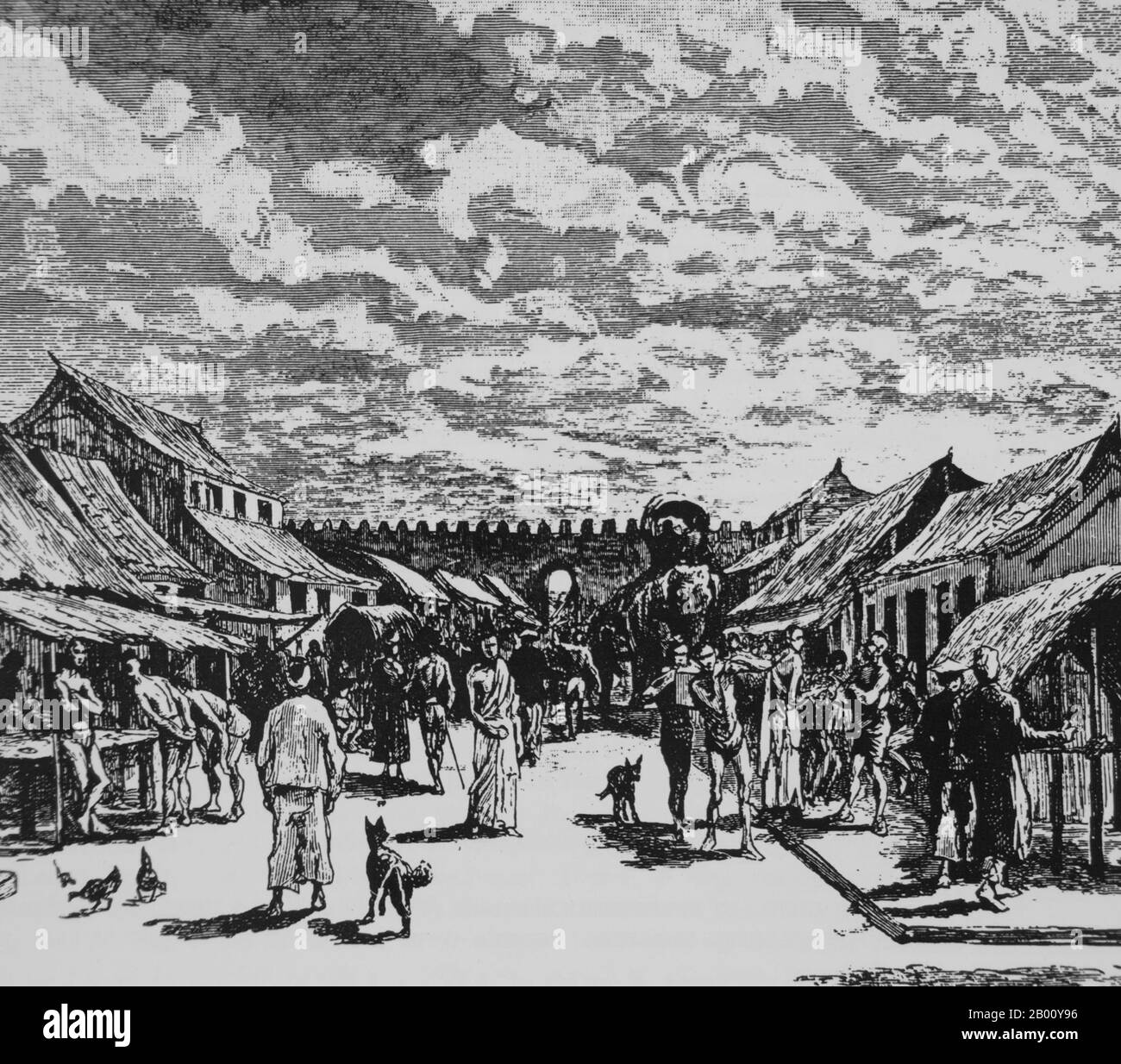 Thaïlande: Vue de l'intérieur de la ville de Chiang Mai vers une porte de la ville. Depuis le Tour du monde (Paris), 1885. Le roi Mengrai fonda la ville de Chiang Mai (c'est-à-dire « nouvelle ville ») en 1296, et il succéda à Chiang Rai comme capitale du royaume de Lanna. Chiang Mai, parfois écrit comme 'Chiengmai' ou 'Chiangmai', est la plus grande et la plus importante ville culturelle dans le nord de la Thaïlande. Banque D'Images