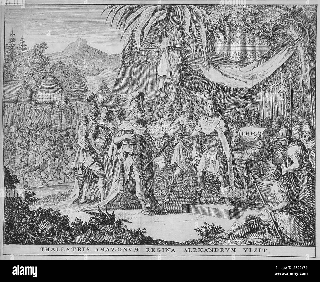 Mythologie: 'Thalestris, Reine des Amazones, visite Alexandre'. Gravure par  un artiste non identifié, 1696. Les Amazones sont une nation de guerriers  toutes-féminins dans la mythologie classique et grecque. Herodotus les a  placés