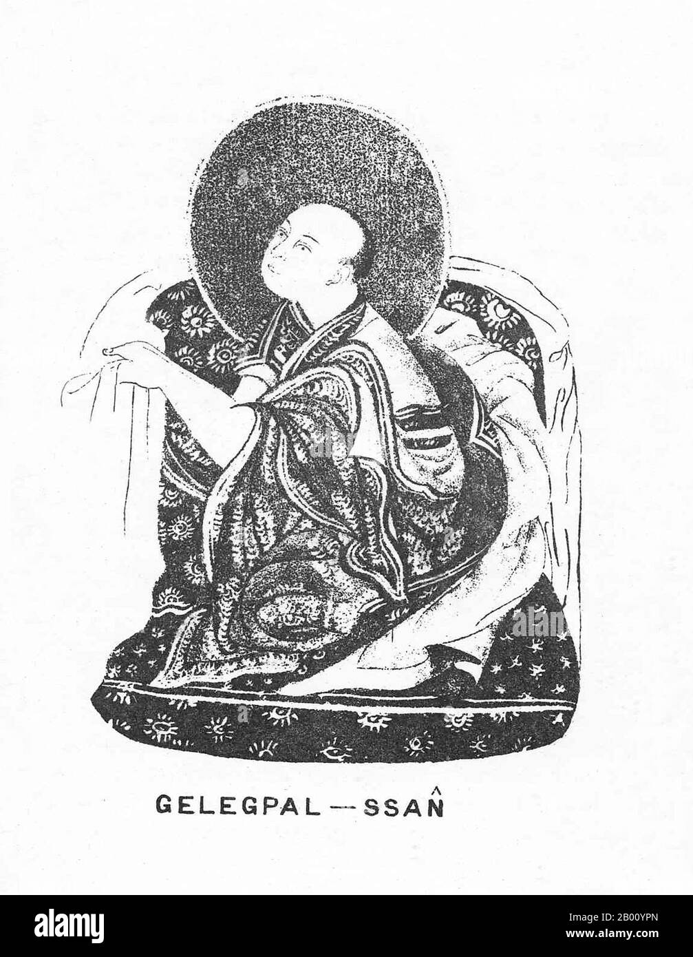 Chine/Tibet: Khedup Gelek Pelzang (1385–1438), mieux connu sous le nom de Khedup Je, le 1er Panchen Lama. Illustration par Sarat Chandra Das (1849-1917), 1882. Le Panchen Lama est le plus haut Lama après le Dalaï Lama dans la secte Gelugpa (DGG-Lugs-pa) du bouddhisme tibétain (la secte qui contrôlait l'ouest du Tibet du XVIe siècle jusqu'à l'imposition de la souveraineté chinoise en 1951). Les couches successives de Panchen forment une lignée de réincarnation de tulku qui serait les incarnations du Bouddha Amitabha. Banque D'Images