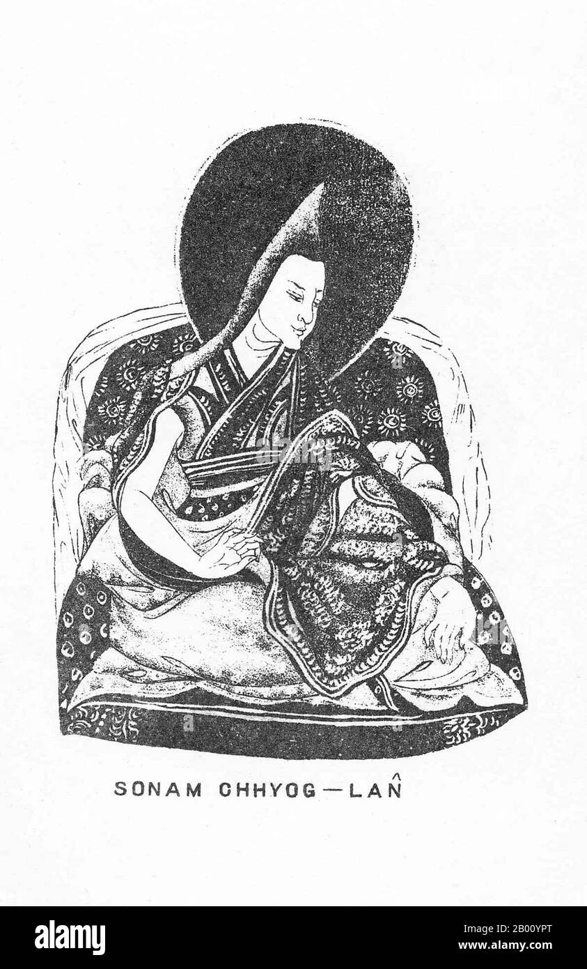 Chine/Tibet: Sonam Choklang, 2ème Panchen Lama (1438-1505). Illustration par Sarat Chandra Das (1849-1917), 1882. Le Panchen Lama est le plus haut Lama après le Dalaï Lama dans la secte Gelugpa (DGG-Lugs-pa) du bouddhisme tibétain (la secte qui contrôlait l'ouest du Tibet du XVIe siècle jusqu'à l'imposition de la souveraineté chinoise en 1951). Les couches successives de Panchen forment une lignée de réincarnation de tulku qui serait les incarnations du Bouddha Amitabha. Banque D'Images