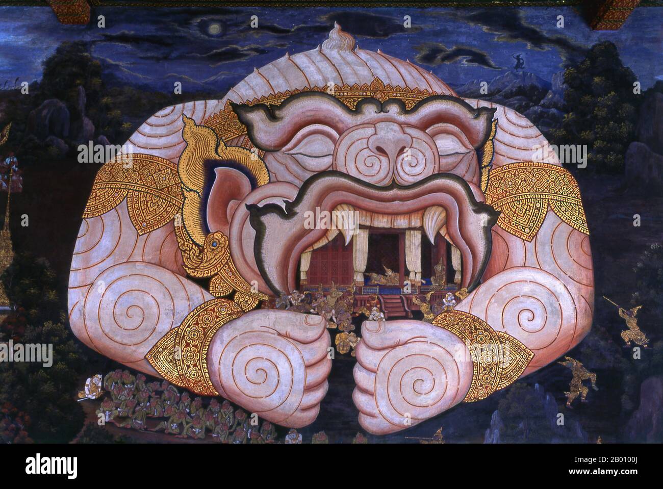 Thaïlande : Hanuman swaws le pavillon de Phra RAM, les peintures murales de Ramakien (Ramayana), Wat Phra Kaeo (Temple du Bouddha d’Émeraude), Bangkok. Le Ramayana est une histoire aussi ancienne que le temps et - du moins dans le sous-continent indien et dans une grande partie de l'Asie du Sud-est - d'une popularité sans précédent. Il y a plus de deux mille trois cents ans, l'érudit-poète Valmiki s'assit pour écrire son épopée définitive de l'amour et de la guerre. Le Ramakien est la version thaïlandaise de cette épopée et a une influence importante sur la littérature, l'art et le drame thaïlandais. Il est considéré comme l'Epic national de Thaïlande. Banque D'Images Thaïlande : Hanuman swaws le pavillon de Phra RAM, les peintures murales de Ramakien (Ramayana), Wat Phra Kaeo (Temple du Bouddha d’Émeraude), Bangkok. Le Ramayana est une histoire aussi ancienne que le temps et - du moins dans le sous-continent indien et dans une grande partie de l'Asie du Sud-est - d'une popularité sans précédent. Il y a plus de deux mille trois cents ans, l'érudit-poète Valmiki s'assit pour écrire son épopée définitive de l'amour et de la guerre. Le Ramakien est la version thaïlandaise de cette épopée et a une influence importante sur la littérature, l'art et le drame thaïlandais. Il est considéré comme l'Epic national de Thaïlande. Banque D'Images