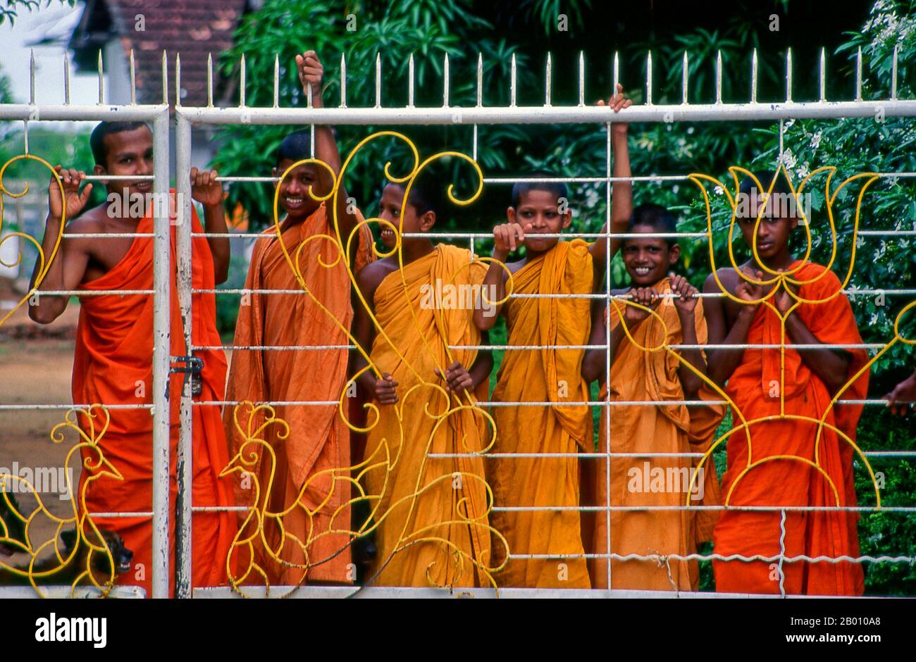 Sri Lanka : moines novices à Anuradhapura. Anuradhapura est l'une des anciennes capitales du Sri Lanka et célèbre pour ses ruines bien conservées. Du 4ème siècle avant notre ère jusqu'au début du XIe siècle avant notre ère c'était la capitale. Pendant cette période, il est resté l'un des centres de pouvoir politique et de vie urbaine les plus stables et les plus durables d'Asie du Sud. La ville antique, considérée sacrée pour le monde bouddhiste, est aujourd'hui entourée de monastères couvrant une superficie de plus de seize miles carrés (40 km²). Banque D'Images