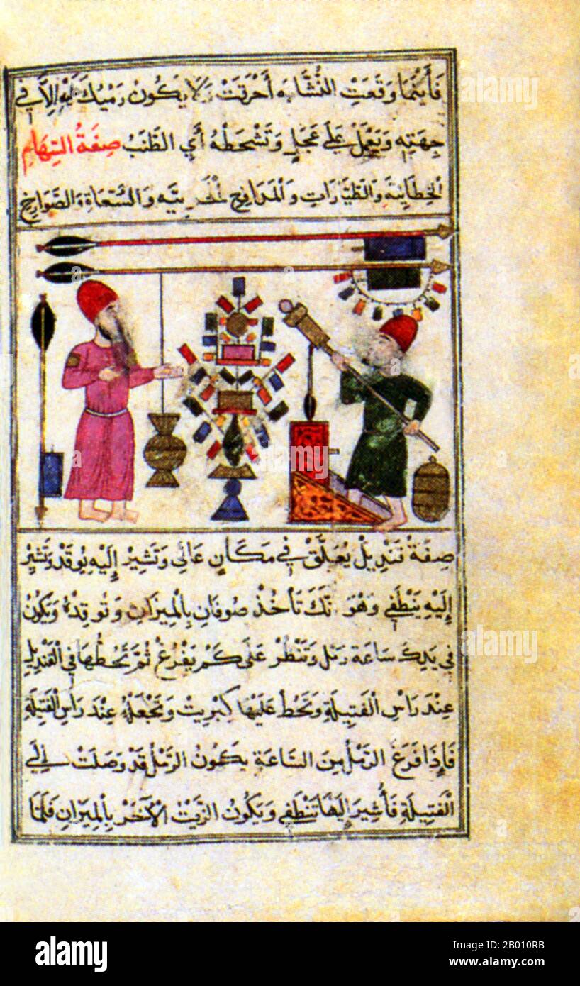 Égypte/Syrie: Page illustrée d'un manuscrit de Mamluk intitulé «Manual of Horsematship», daté de 1474. Ce manuscrit a été copié pour Jarbash al-Silahdar al-Maliki al-Ashrafi, un officier de Mamluk chargé de l'entraînement des troupes. Il comprend des instructions sur l'entraînement militaire, les armes à feu, les dispositifs incendiaires, l'artillerie, la signalisation et la tutelle. Les Mamluks étaient des soldats d'origine esclave qui existaient au Moyen-Orient du IXe au XIXe siècle. Ils ont été particulièrement puissants en Égypte et en Syrie à une époque connue sous le nom de Sultanat de Mamluk (1250-1517), qui a connu un retour aux Mongols. Banque D'Images