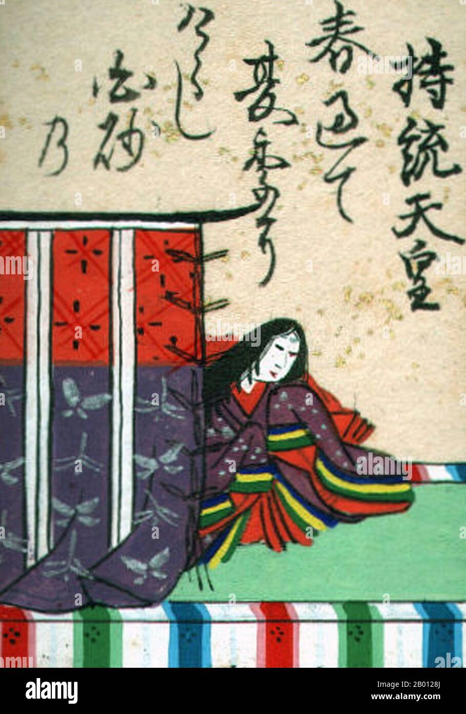 Japon : impératrice Jito (645-702), 41e souverain impérial du Japon. Portrait d'une carte uta-garuta pour 'Hyakunin Isshu' ('cent personnes, cent poèmes'), période Edo (1600-1868). L'impératrice Jito (645–702) était le 41e souverain impérial du Japon. JITO était la fille de Tenji Tenno, qui était régent en 661-668 et empereur en 668-671. Son mari et son oncle, Temmu Tenno, s'étaient retirés de la vie du temple et avaient laissé le trône à leur fils en 686, avec elle comme régente et successeur plus tard. Elle a procédé à d'importantes réformes administratives, encouragé le développement de l'agriculture et a frappé la première pièce d'argent. Banque D'Images