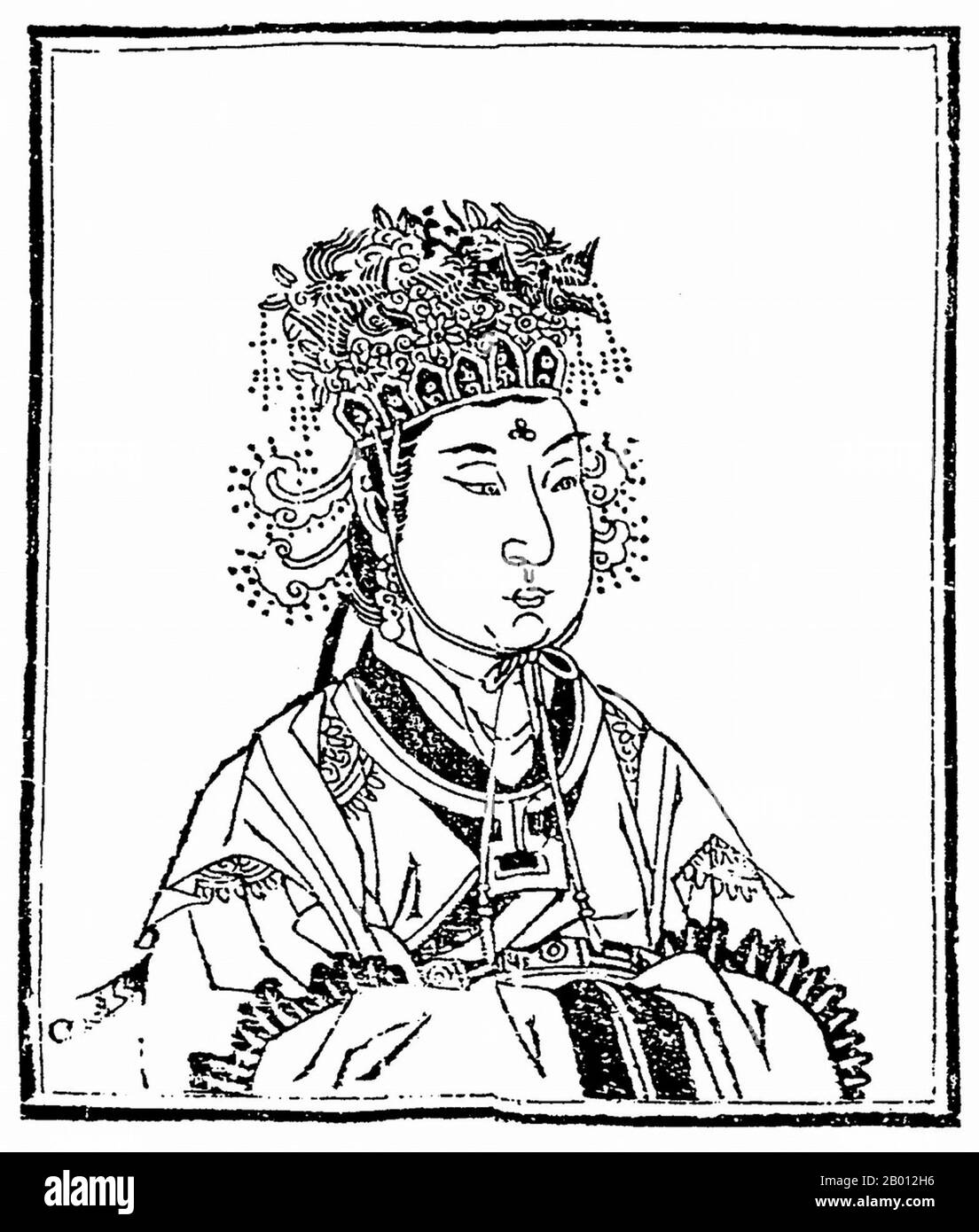 Chine : Wu Zetian (624-705), Impératrice Regnant de la dynastie Zhou (690-705). Wu Zetian ( 624-705), nom personnel Wu Zhao, souvent appelé Tian Hou pendant la dynastie Tang et l'impératrice Consort Wu plus tard, était la seule femme dans l'histoire de la Chine à assumer le titre d'impératrice Regnant. En tant que chef de facto de la Chine d'abord par son mari et ses fils de 665 à 690, ce qui n'est pas sans précédent dans l'histoire chinoise, elle a ensuite brisé tous les précédents quand elle a fondé sa propre dynastie en 690, le Zhou (interrompant la dynastie Tang), Et régna directement sous le nom d'impératrice Sacrée et Divine Regnant. Banque D'Images