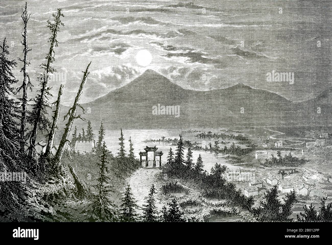 Chine : le village de Shieng dans la province du Yunnan. Gravure de Louis Delaporte (1842-1925), 1867. Cette esquisse de Louis Delaporte est l'une des douzaines qu'il a tirées au cours de son aventure de deux ans (1866-68) avec la Commission d'exploration du Mékong parrainée par le ministère français de la Marine, dont l'intention était de jeter les bases de l'expansion des colonies françaises en Indochine. En voyageant sur le Mékong en bateau, la petite délégation française a voyagé de Saigon à Phnom Penh à Luang Prabang, puis plus au nord dans les eaux inexplorées du Haut-Laos et de la province chinoise du Yunnan. Banque D'Images Chine : le village de Shieng dans la province du Yunnan. Gravure de Louis Delaporte (1842-1925), 1867. Cette esquisse de Louis Delaporte est l'une des douzaines qu'il a tirées au cours de son aventure de deux ans (1866-68) avec la Commission d'exploration du Mékong parrainée par le ministère français de la Marine, dont l'intention était de jeter les bases de l'expansion des colonies françaises en Indochine. En voyageant sur le Mékong en bateau, la petite délégation française a voyagé de Saigon à Phnom Penh à Luang Prabang, puis plus au nord dans les eaux inexplorées du Haut-Laos et de la province chinoise du Yunnan. Banque D'Images