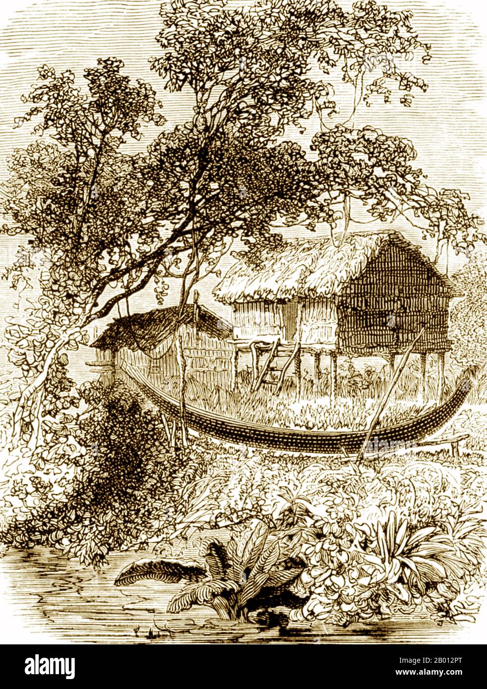 Laos/Cambodge: Un long pirogue se trouve devant une maison traditionnelle sur pilotis par les rives du Mékong. Gravure d'Henri Mouhot (1826-1861), 19e siècle. Les récits de courses de pirogue en Indochine remontent à la période angkorienne où les Khmers sous le roi Jayavarman VII ont triomphé des Chams de Champa après une guerre navale prolongée (1177-81). Des années plus tard, les colons français ont assisté à des courses de bateaux qui sont considérées comme les précurseurs des courses de bateaux-dragons et de serpents de naga d'aujourd'hui. Banque D'Images