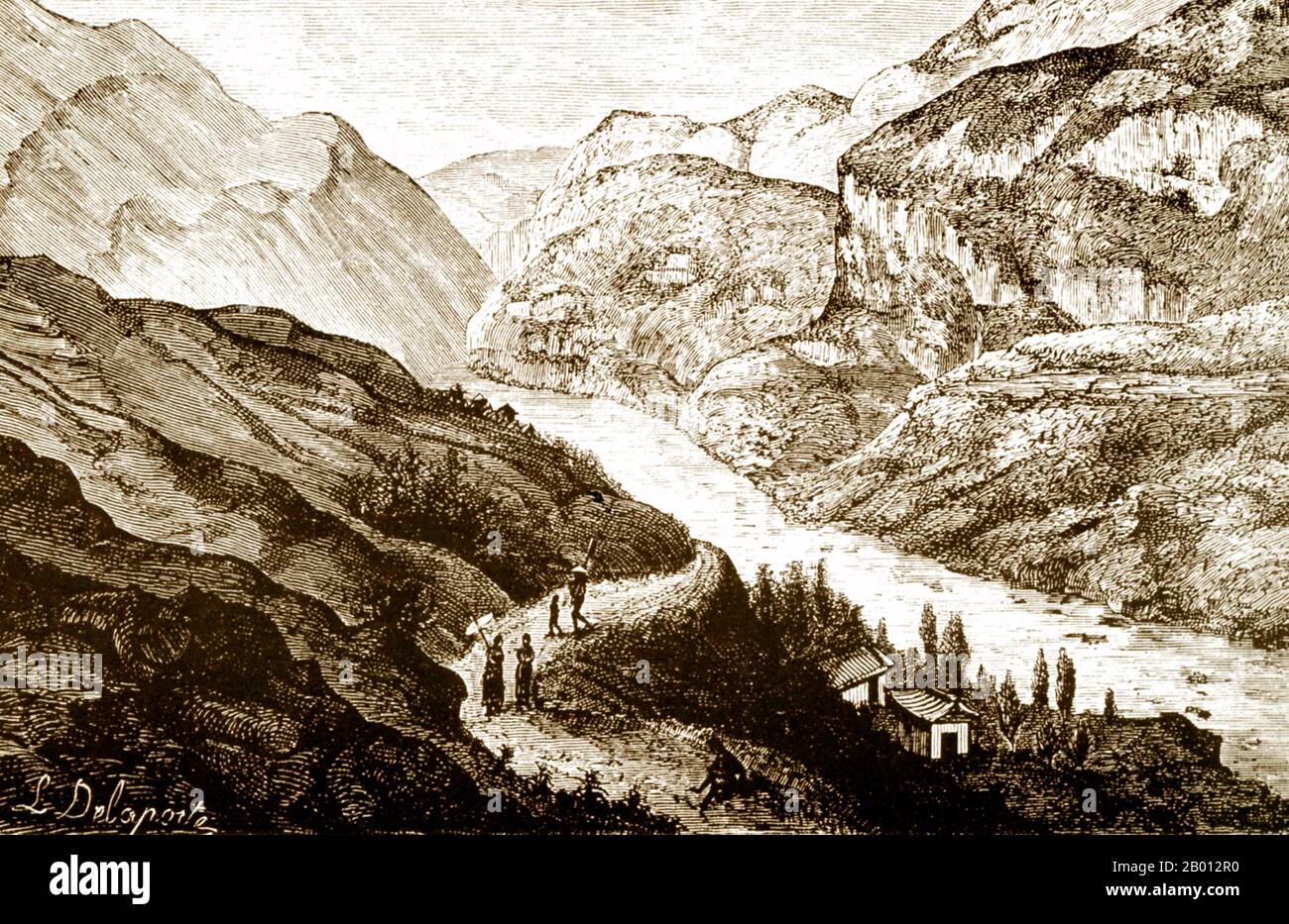 Chine : le village de Kiang-ti dans la province du Yunnan. Gravure de Louis Delaporte (1842-1925), 1868. Cette esquisse de Louis Delaporte est l'une des douzaines qu'il a tirées au cours de son aventure de deux ans (1866-68) avec la Commission d'exploration du Mékong parrainée par le ministère français de la Marine, dont l'intention était de jeter les bases de l'expansion des colonies françaises en Indochine. En voyageant sur le Mékong en bateau, la petite délégation française a voyagé de Saigon à Phnom Penh à Luang Prabang, puis plus au nord dans les eaux inexplorées du Haut-Laos et de la province chinoise du Yunnan. Banque D'Images Chine : le village de Kiang-ti dans la province du Yunnan. Gravure de Louis Delaporte (1842-1925), 1868. Cette esquisse de Louis Delaporte est l'une des douzaines qu'il a tirées au cours de son aventure de deux ans (1866-68) avec la Commission d'exploration du Mékong parrainée par le ministère français de la Marine, dont l'intention était de jeter les bases de l'expansion des colonies françaises en Indochine. En voyageant sur le Mékong en bateau, la petite délégation française a voyagé de Saigon à Phnom Penh à Luang Prabang, puis plus au nord dans les eaux inexplorées du Haut-Laos et de la province chinoise du Yunnan. Banque D'Images