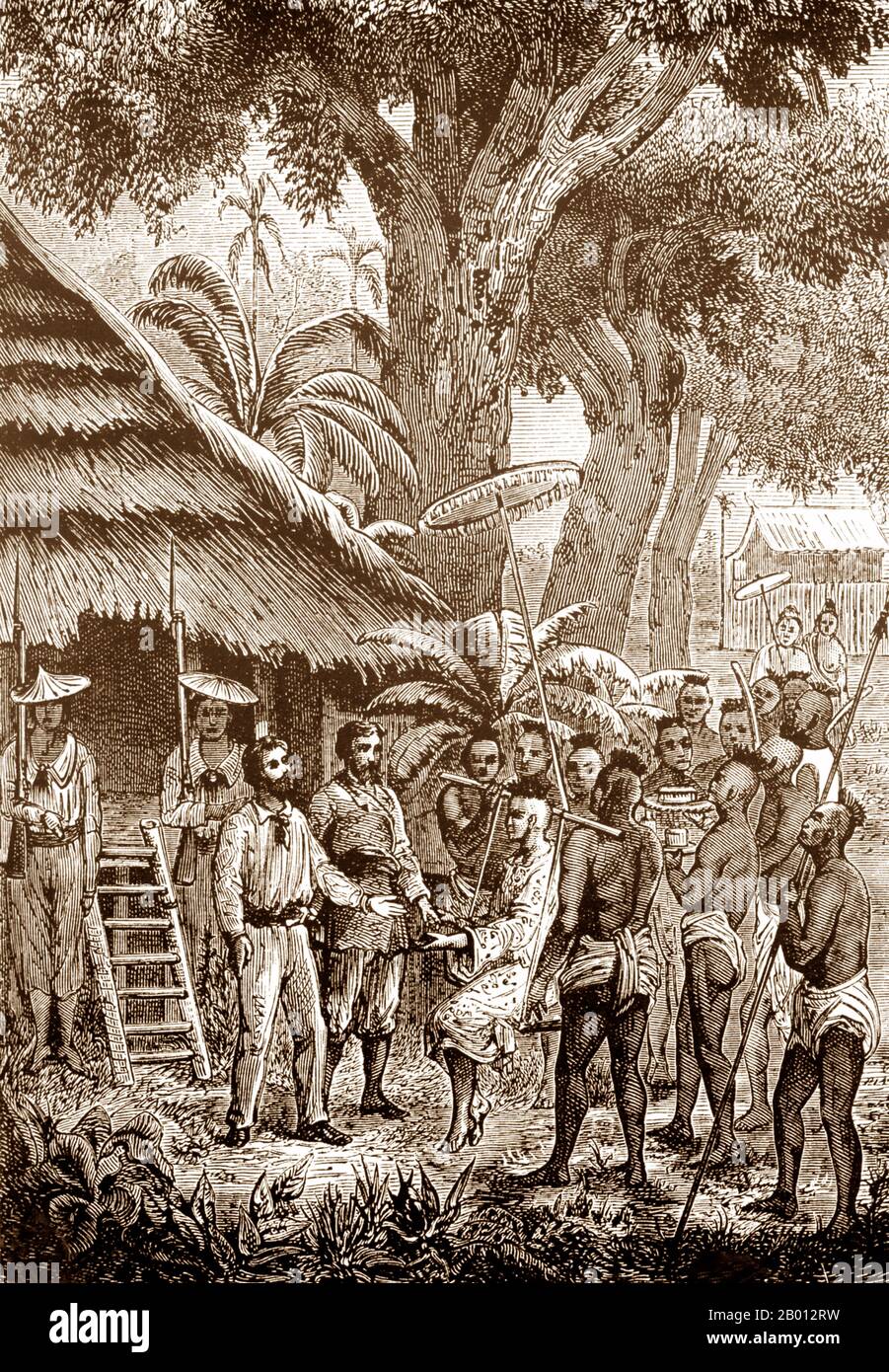 Laos : le roi de Champasak visite une expédition française à leur camp sur les rives du Mékong. Gravure de Louis Delaporte (1842-1925), 1867. Le Royaume de Champasak (1713-1946) est un royaume du sud du Laos qui s'est éloigné du royaume LAN Xang en 1713. Le Royaume de Champasak a prospéré au début du XVIIIe siècle, mais il a été réduit à un état vassal de Siam avant que le siècle ne soit passé. Sous la domination française, le royaume est devenu un bloc administratif avec sa redevance dépouillée de beaucoup de ses privilèges. Le Royaume de Champasak a été subsumé au Royaume du Laos en 1946. Banque D'Images