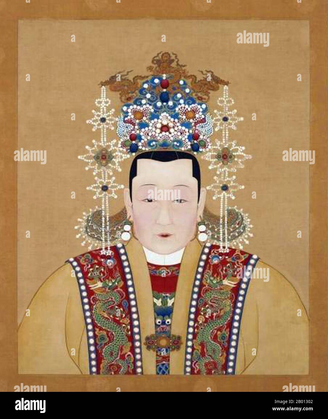 Chine : impératrice Xiao Zhang Rui (1426 - 26 juin 1468), consort du 6e empereur Ming Zhengtong (r. 1435-1449; 1457-1464). Peinture suspendue en rouleau, XVe-XVIIe siècle. L'impératrice Qian (1426-1468), officiellement l'impératrice Xiaozhangrui, était le consort de l'empereur Zhengtong de la dynastie Ming. Son mari a mené une campagne désastreuse contre les Mongols qui ont vu des centaines de milliers de soldats Ming tués et lui-même capturés. Zhengtong se voit ensuite attribuer le statut d'empereur à la retraite alors que son demi-frère devint l'empereur Jingtai. Banque D'Images