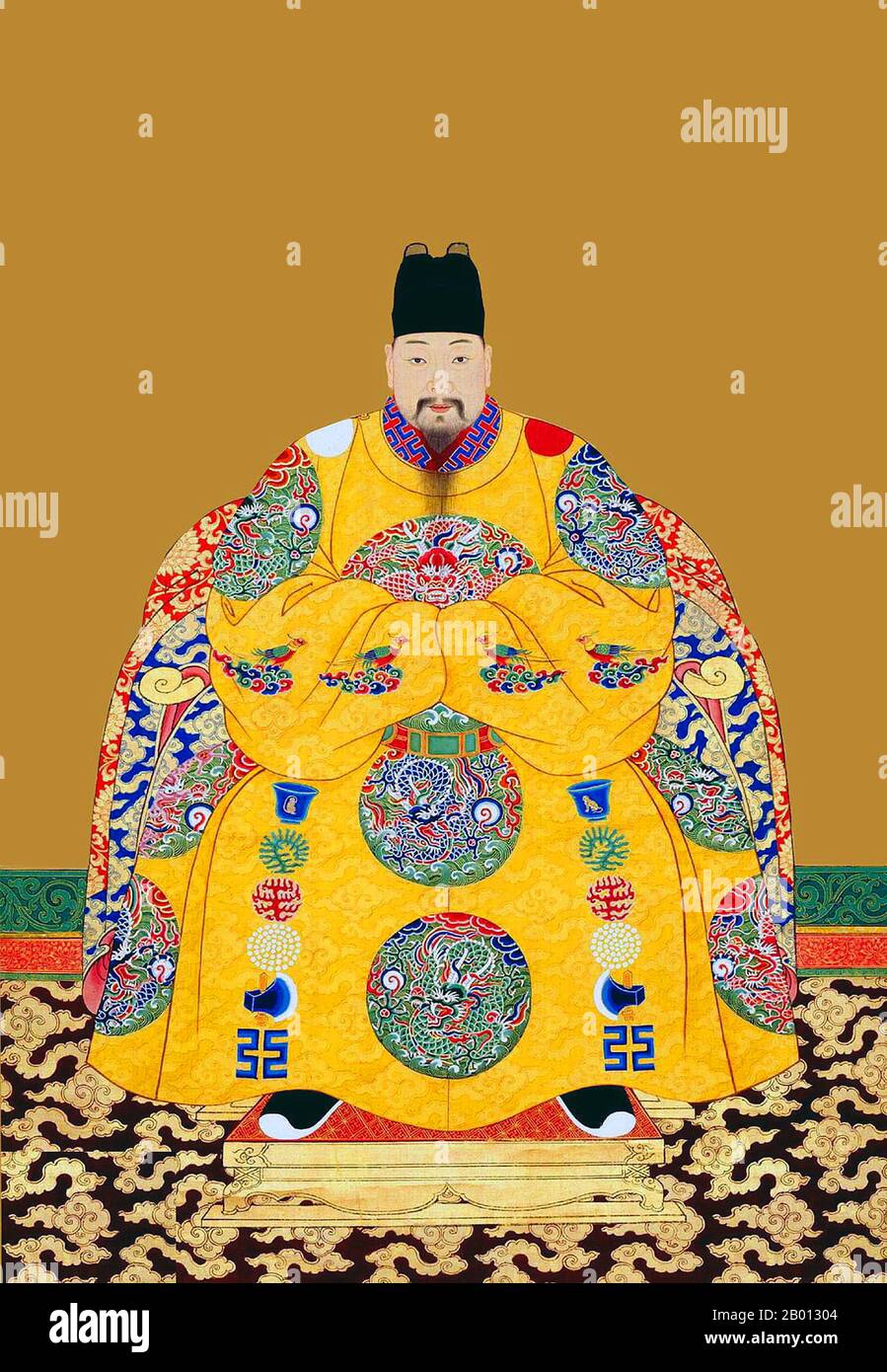 Chine : Empereur Jingtai (21 septembre 1428 - 14 mars 1457), 7e dirigeant de la dynastie Ming (r. 1449-1457). Peinture suspendue en rouleau, XVe-XVIIe siècle. L'empereur Jingtai (1428-1457), nom personnel Zhu Qiyu et nom de temple Daizong, était le 7ème empereur de la dynastie Ming. Son nom d'époque signifie « vue exaltée ». Pendant le règne de Jingtai, aidé par l'éminent ministre Yu Qian, il a accordé une attention particulière aux questions touchant son pays. Il a réparé le Grand Canal ainsi que le système de digues le long de la rivière jaune. Grâce à ses efforts, l'économie a prospéré et la dynastie renforcée, Banque D'Images