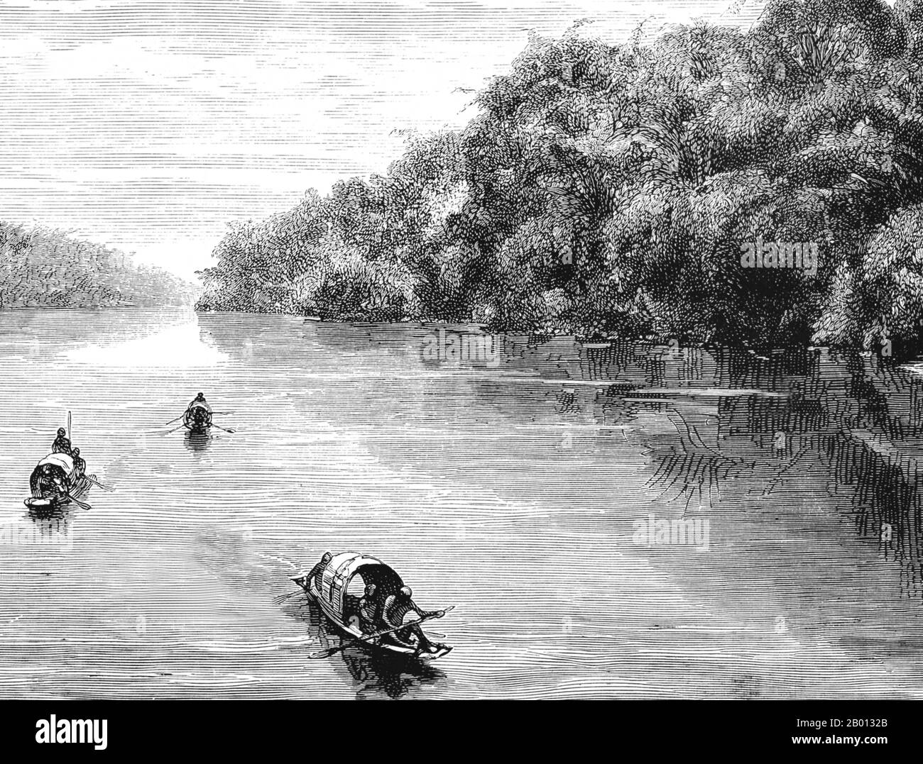 Thaïlande Laos: Une expédition française naviguant sur le Mékong à Bang Hien près de Khemarat, à l'heure actuelle, à la frontière thaï-laotienne. Gravure de Louis Delaporte (1842-1925), 1867. Le Mékong est le 12e fleuve le plus long du monde. De sa source himalayenne sur le plateau tibétain, il coule environ 4,350 km (2,703 miles) à travers la province chinoise du Yunnan, la Birmanie, le Laos, la Thaïlande, le Cambodge et le Vietnam, Enfin drainer dans la mer de Chine du Sud. La construction récente de barrages hydroélectriques sur la rivière et ses affluents a réduit considérablement le débit d'eau pendant la saison sèche en Asie du Sud-est. Banque D'Images