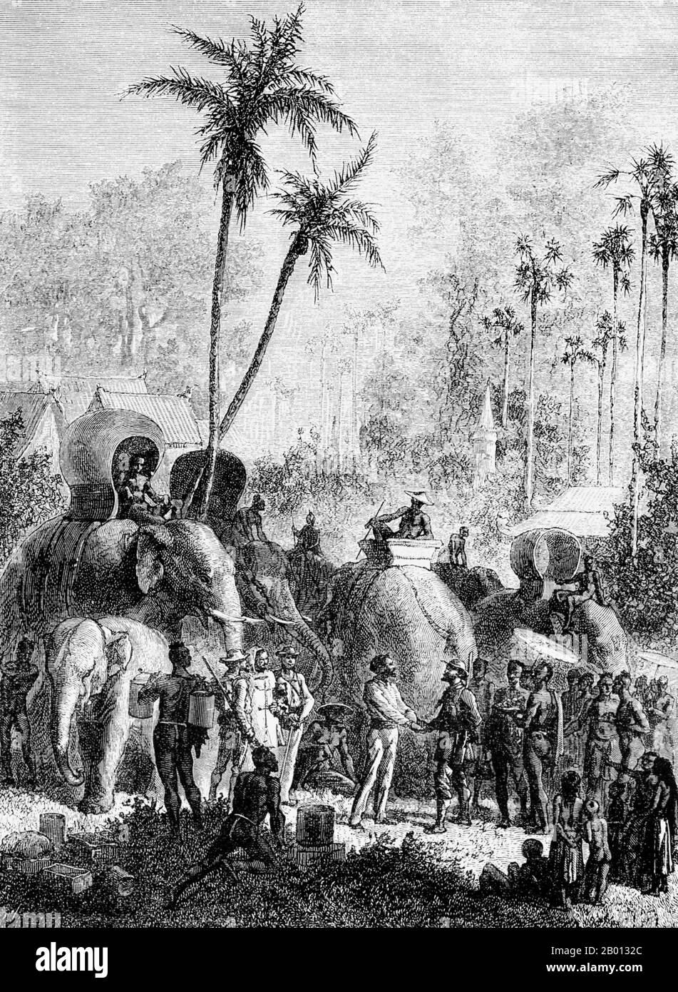 Thaïlande/Laos : Louis Delaporte (à gauche) reçoit le commandant de Laccord et son expédition à Khemarat, à la frontière siamois-lao. Gravure de Louis Delaporte (1842-1925), 1867. Cette illustration est basée sur une aquarelle de Louis Delaporte, l'une des douzaines qu'il a produites au cours de son aventure de deux ans (1866-68) avec la Commission d'exploration du Mékong parrainée par le ministère français de la Marine, dont l'intention était de jeter les bases de l'expansion des colonies françaises en Indochine. Voyageant sur le Mékong en bateau, la petite délégation française a voyagé de Saigon à Phnom Penh à Luang Prabang. Banque D'Images