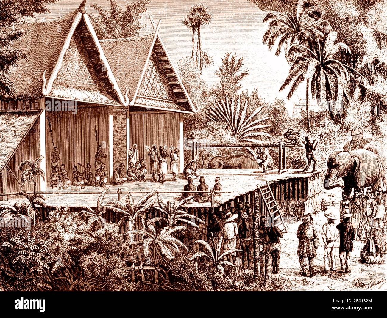 Thaïlande : le couronnement du roi d'Ubon Ratchathani en janvier 1867. Gravure de Louis Delaporte (1842-1925), 1867. En janvier 1867, la Commission française d'exploration du Mékong a fait le tour du Mékong pour visiter la ville siamenne d'Ubon, sur le fleuve Mun, l'un des affluents du Mékong. Les membres de la délégation française ont été invités à assister à l'onction du nouveau dirigeant. Une chronique française se lit comme suit : « le matin du grand jour, nous avons été assourdis par le bruit des gongs [et des batteurs] … Tout le monde s'est rassemblé au palais. Bientôt, la rétine émergea et partira sur la grande place... » Banque D'Images