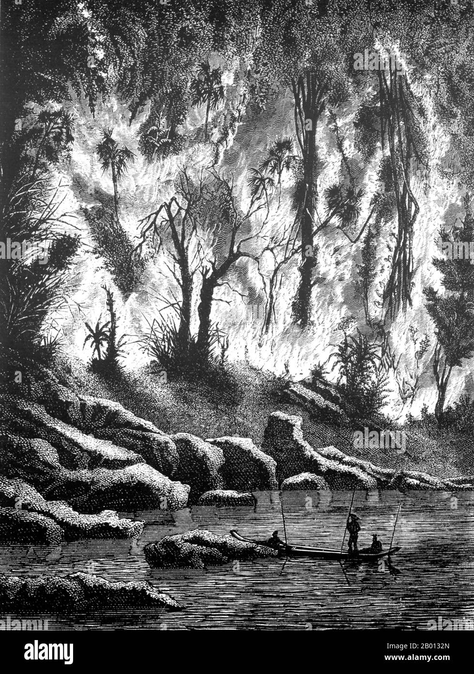 Thaïlande/Laos: Un feu de forêt sur les rives du fleuve Mun, affluent du Mékong. Gravure de Louis Delaporte (1842-1925), 1867. Cette illustration de Louis Delaporte est l'une des douzaines qu'il a produites au cours de son aventure de deux ans (1866-68) avec la Commission d'exploration du Mékong parrainée par le ministère français de la Marine, dont l'intention était de jeter les bases de l'expansion des colonies françaises en Indochine. En voyageant sur le Mékong en bateau, la petite délégation française a voyagé de Saigon à Phnom Penh à Luang Prabang, puis plus au nord dans le Haut-Laos et la province chinoise du Yunnan. Banque D'Images
