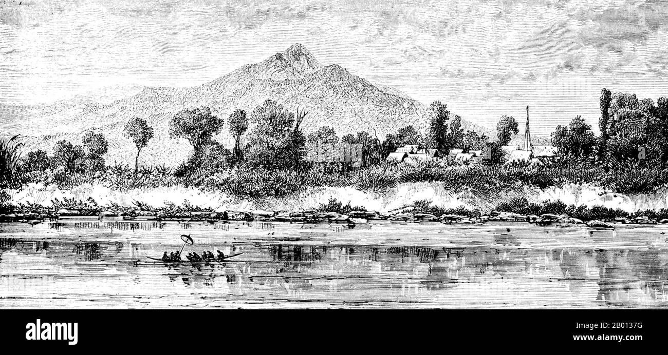 Laos/Thaïlande: Une scène du Mékong près de Ban Hatsa et Pak Ta. Gravure de Louis Delaporte (1842-1925), juin 1867. Le Mékong est le 12e fleuve le plus long du monde. De sa source himalayenne sur le plateau tibétain, il coule environ 4,350 km (2,703 miles) à travers la province chinoise du Yunnan, la Birmanie, le Laos, la Thaïlande, le Cambodge et le Vietnam, Enfin drainer dans la mer de Chine du Sud. Cette illustration est l'une des douzaines produites par Louis Delaporte au cours d'une aventure de deux ans (1866-68) avec la Commission d'exploration du Mékong, parrainée par le ministère français de la Marine. Banque D'Images