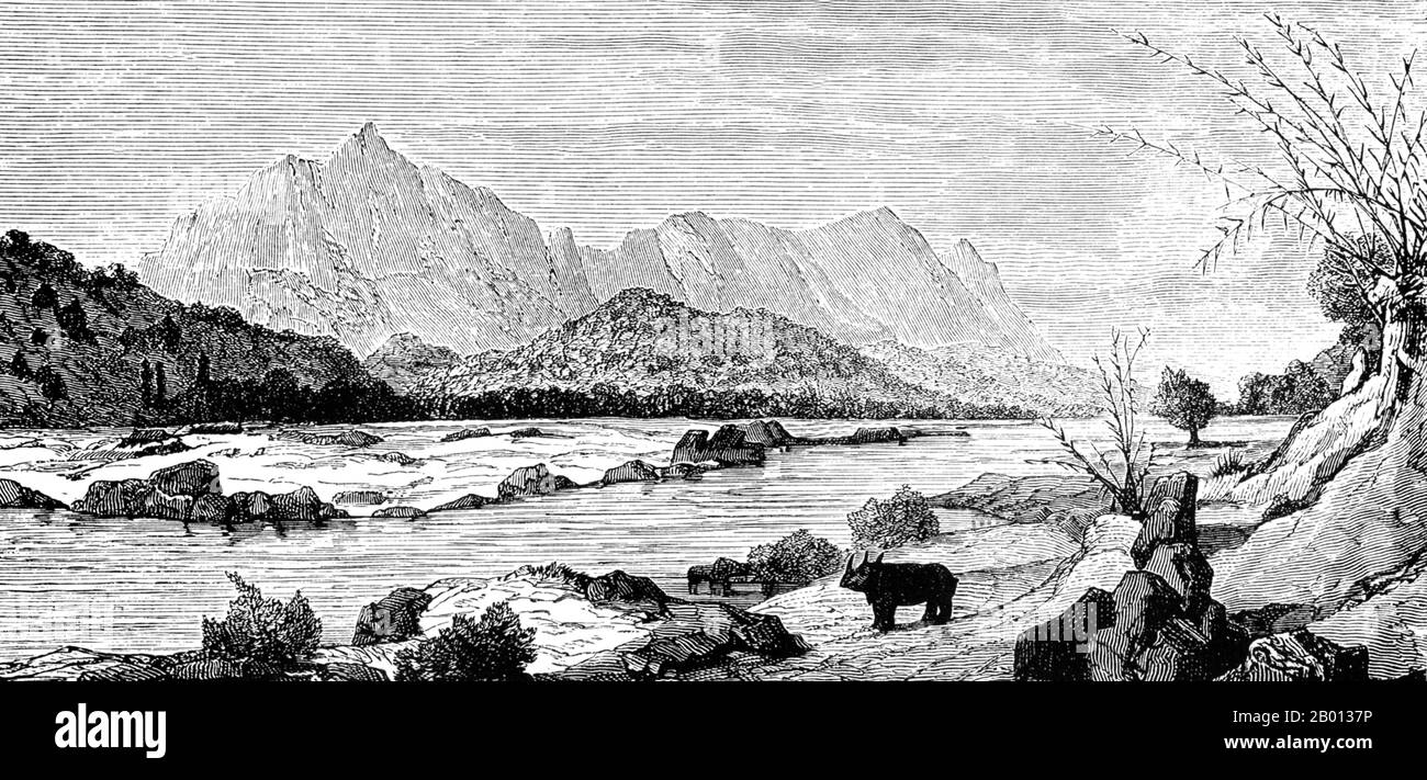 Laos : vue sur le Mékong au sud de Luang Prabang. Gravure de Louis Delaporte (1842-1925), avril 1867. Le Mékong est le 12e fleuve le plus long du monde. De sa source himalayenne sur le plateau tibétain, il coule environ 4,350 km (2,703 miles) à travers la province chinoise du Yunnan, la Birmanie, le Laos, la Thaïlande, le Cambodge et le Vietnam, Enfin drainer dans la mer de Chine du Sud. Cette illustration est l'une des douzaines produites par Louis Delaporte au cours d'une aventure de deux ans (1866-68) avec la Commission d'exploration du Mékong, parrainée par le ministère français de la Marine. Banque D'Images Laos : vue sur le Mékong au sud de Luang Prabang. Gravure de Louis Delaporte (1842-1925), avril 1867. Le Mékong est le 12e fleuve le plus long du monde. De sa source himalayenne sur le plateau tibétain, il coule environ 4,350 km (2,703 miles) à travers la province chinoise du Yunnan, la Birmanie, le Laos, la Thaïlande, le Cambodge et le Vietnam, Enfin drainer dans la mer de Chine du Sud. Cette illustration est l'une des douzaines produites par Louis Delaporte au cours d'une aventure de deux ans (1866-68) avec la Commission d'exploration du Mékong, parrainée par le ministère français de la Marine. Banque D'Images