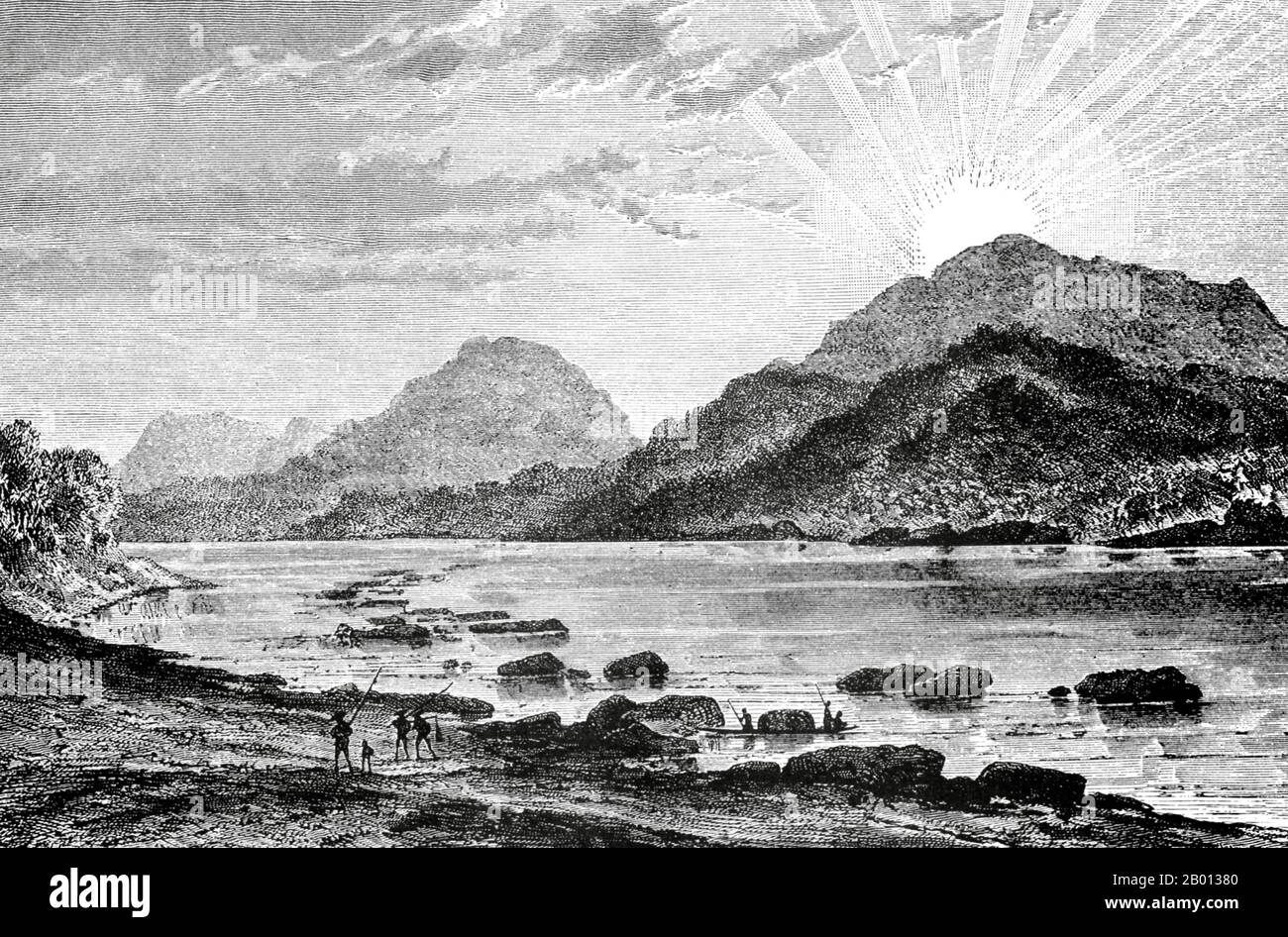 Laos : vue sur le Mékong près de Ban Coksay, au sud de Luang Prabang. Gravure de Louis Delaporte (1842-1925), 1867. Le Mékong est le 12e fleuve le plus long du monde. De sa source himalayenne sur le plateau tibétain, il coule environ 4,350 km (2,703 miles) à travers la province chinoise du Yunnan, la Birmanie, le Laos, la Thaïlande, le Cambodge et le Vietnam, Enfin drainer dans la mer de Chine du Sud. Cette illustration est l'une des douzaines produites par Louis Delaporte au cours d'une aventure de deux ans (1866-68) avec la Commission d'exploration du Mékong, parrainée par le ministère français de la Marine. Banque D'Images