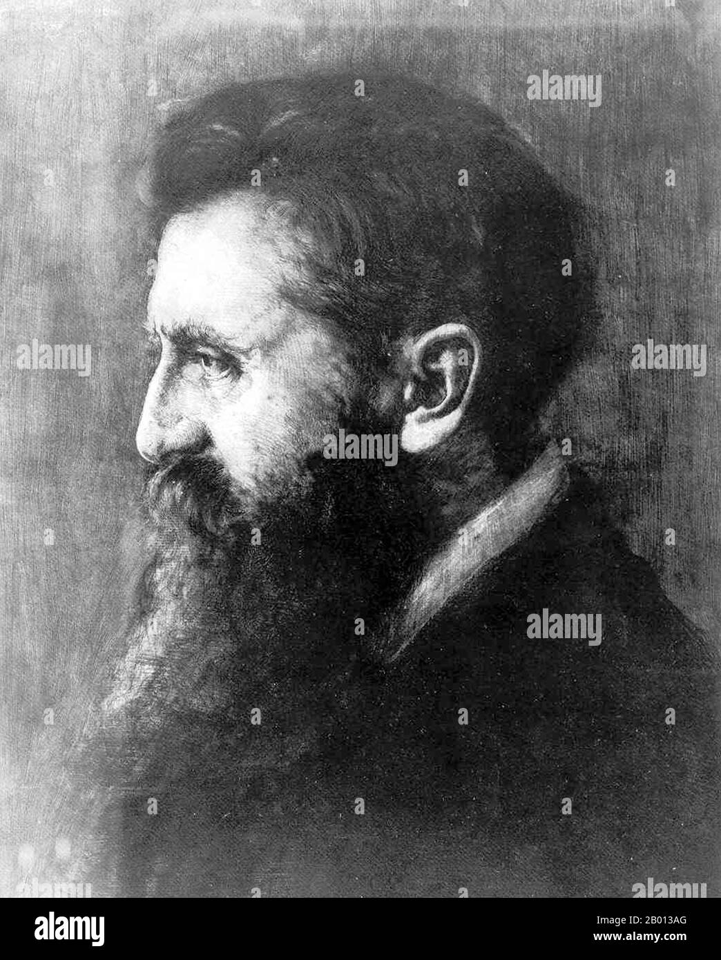 Autriche/Israël: Theodor Herzl (2 mai 1860 – 3 juillet 1904), journaliste autrichien et sioniste. Portrait de Hermann frappé (1876-1944), 1903. Theodor Herzl (1860-1904), né Benjamin Ze’ev Herzl, également connu en hébreu sous le nom de Hozeh HaMedinah, ou « visionnaire de l’État » était un journaliste austro-hongrois et le père du sionisme politique moderne et, en fait, de l’État d’Israël. Il est né et est mort en Autriche; en 1949, ses restes ont été déplacés de Vienne pour être réenterrés sur le Mont Herzl à Jérusalem. Banque D'Images