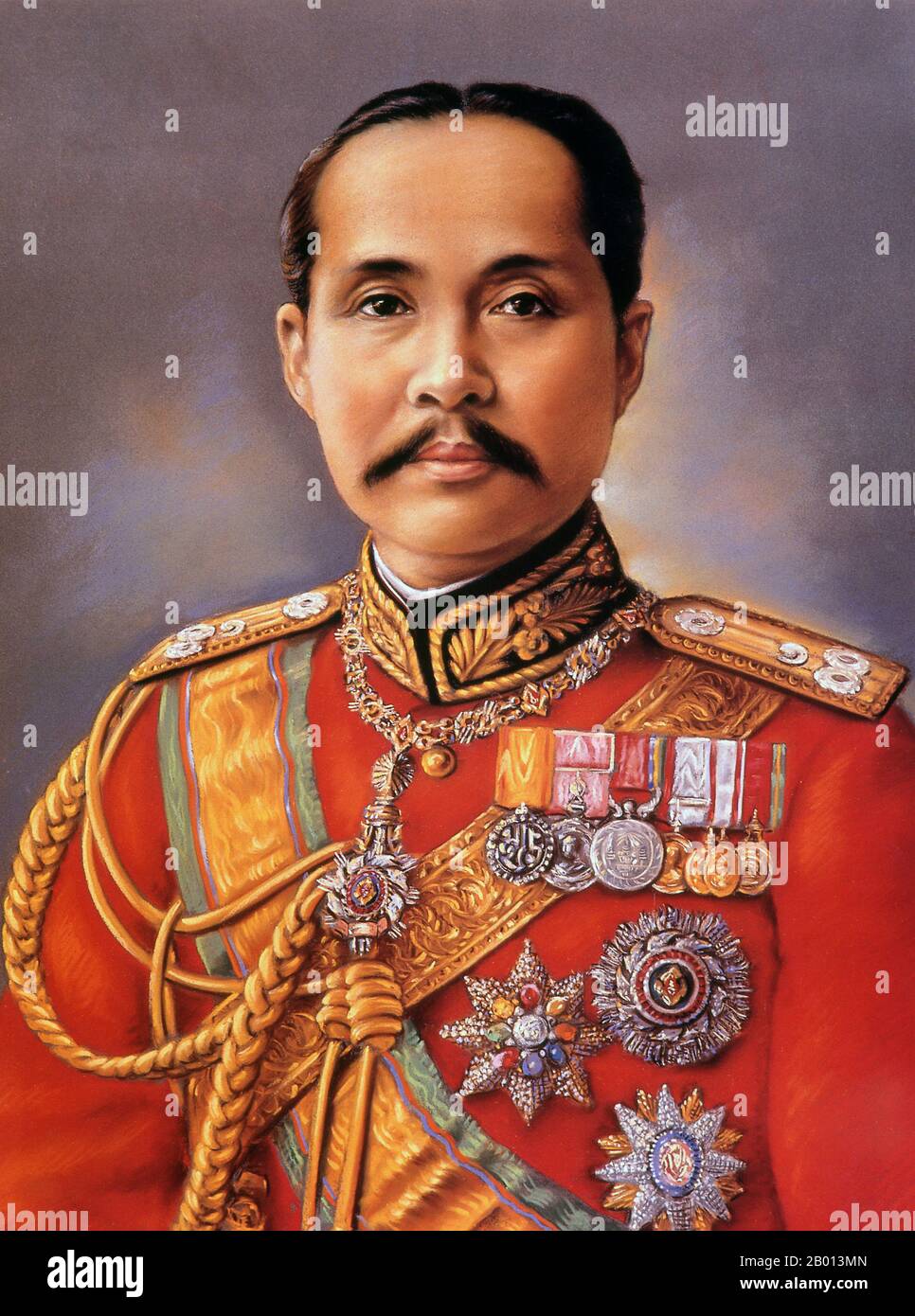 Thaïlande: Roi Rama V, Chulalongkorn (20 septembre 1853 – 23 octobre 1910) , 5e monarque de la dynastie Chakri. Peinture à l'huile sur toile, fin du XIXe - début du XXe siècle. Phra Bat Somdet Phra Poramintharamaha Chulalongkorn Phra Chunla Chom Klao Chao Yu Hua, ou Rama V était le cinquième monarque de Siam sous la Maison de Chakri. Il est considéré comme l'un des plus grands rois de Siam. Son règne fut caractérisé par la modernisation de Siam, l'immense gouvernement et les réformes sociales, et les cessions territoriales à l'Empire britannique et à l'Indochine française. Banque D'Images