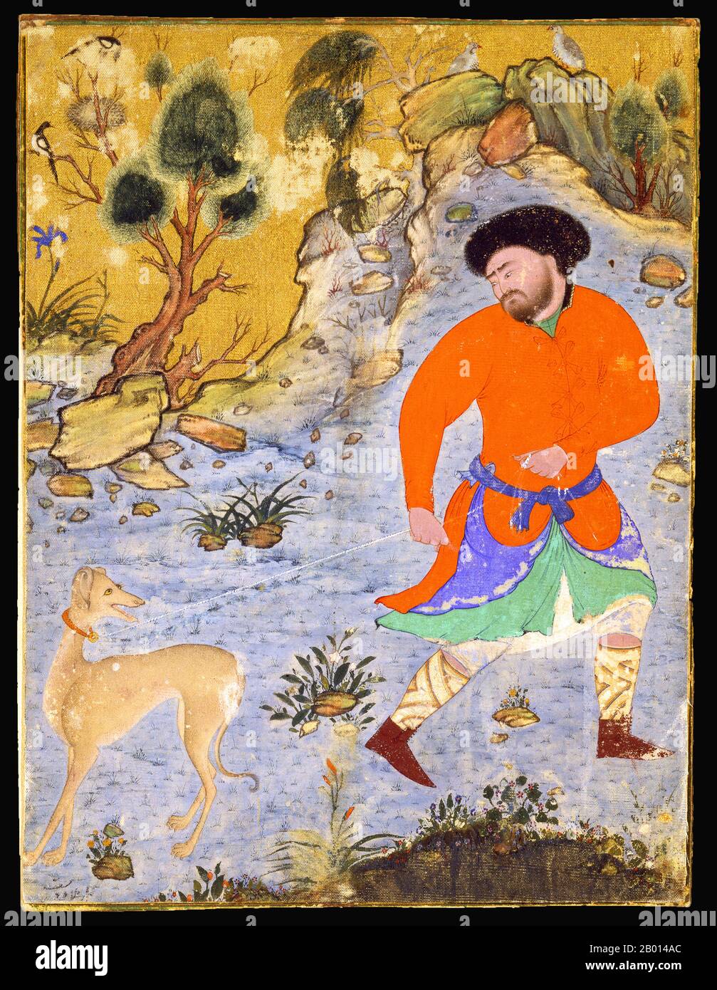 Iran: Un homme avec un chien de chasse Saluki apparemment récalcitrant sur une laisse. Peinture miniature sur tissu par Sheyk Muhammad, milieu du XVIe siècle. Banque D'Images