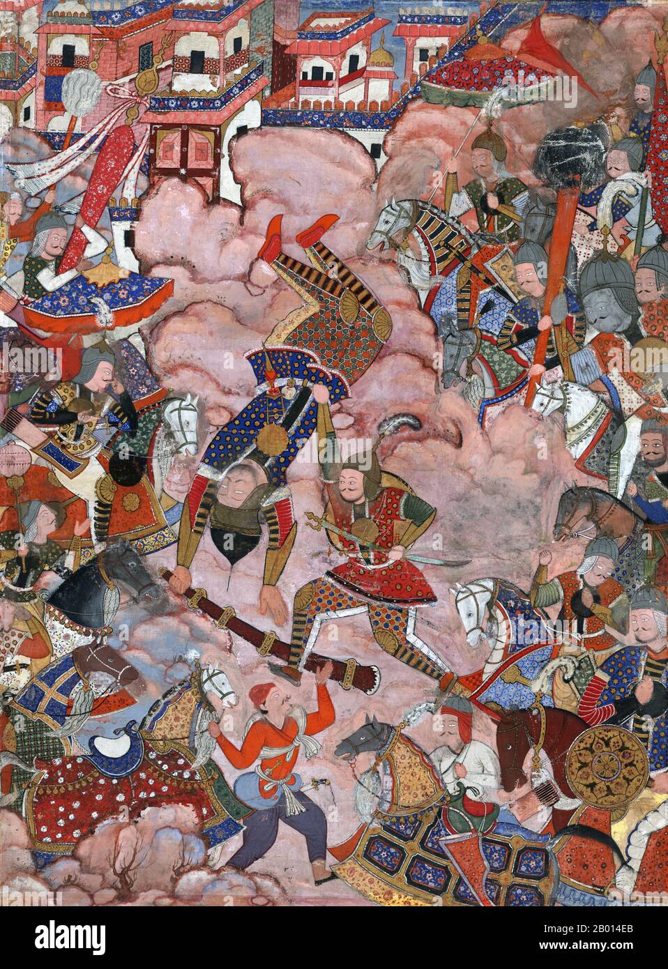 Inde: 'La bataille de Mazandaran', représentant une scène du Hamzanama dans laquelle Khwajah 'Umar et Hamzah et leurs armées s'engagent dans une bataille féroce. Gouache et peinture d'or, c. 1564-1579. Le Hamzanama ou Dastan-e-Amir Hamza (aventures d'Amir Hamza) raconte les exploits mythiques d'Amir Hamza, l'oncle du prophète de l'Islam. La plus grande partie de l'histoire est extrêmement fantaisiste, décrit de manière mémorable par le premier empereur Moghul Babur comme: «un long mensonge insensé, opposé au sens et à la nature». Pourtant, le Hamzanama s'est révélé extrêmement populaire auprès du petit-fils de Babur, le troisième empereur moghol Akbar. Banque D'Images