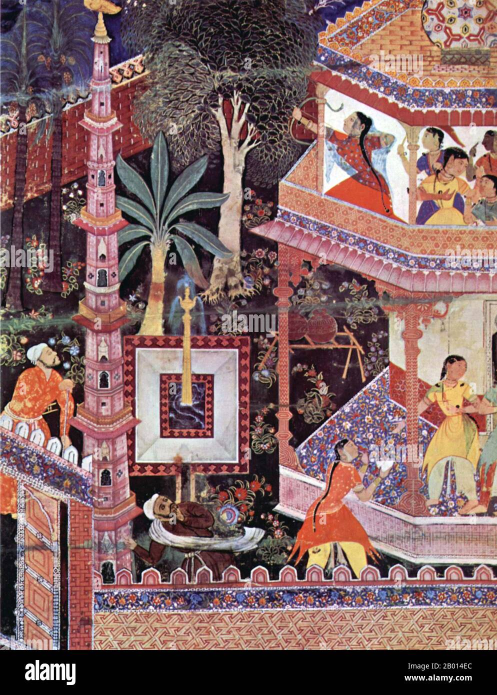Inde: 'Mihrdukht tire sa flèche à travers un anneau'. Gouache et peinture d'or représentant une scène du Hamzanama, c. 1570. Le Hamzanama ou Dastan-e-Amir Hamza (aventures d'Amir Hamza) raconte les exploits mythiques d'Amir Hamza, l'oncle du prophète de l'Islam. La plus grande partie de l'histoire est extrêmement fantaisiste, décrit de manière mémorable par le premier empereur Moghul Babur comme: «un long mensonge insensé, opposé au sens et à la nature». Pourtant, le Hamzanama s'est révélé extrêmement populaire auprès du petit-fils de Babur, le troisième empereur moghol Akbar, qui a commandé une magnifique version illustrée de l'épopée en 1562. Banque D'Images