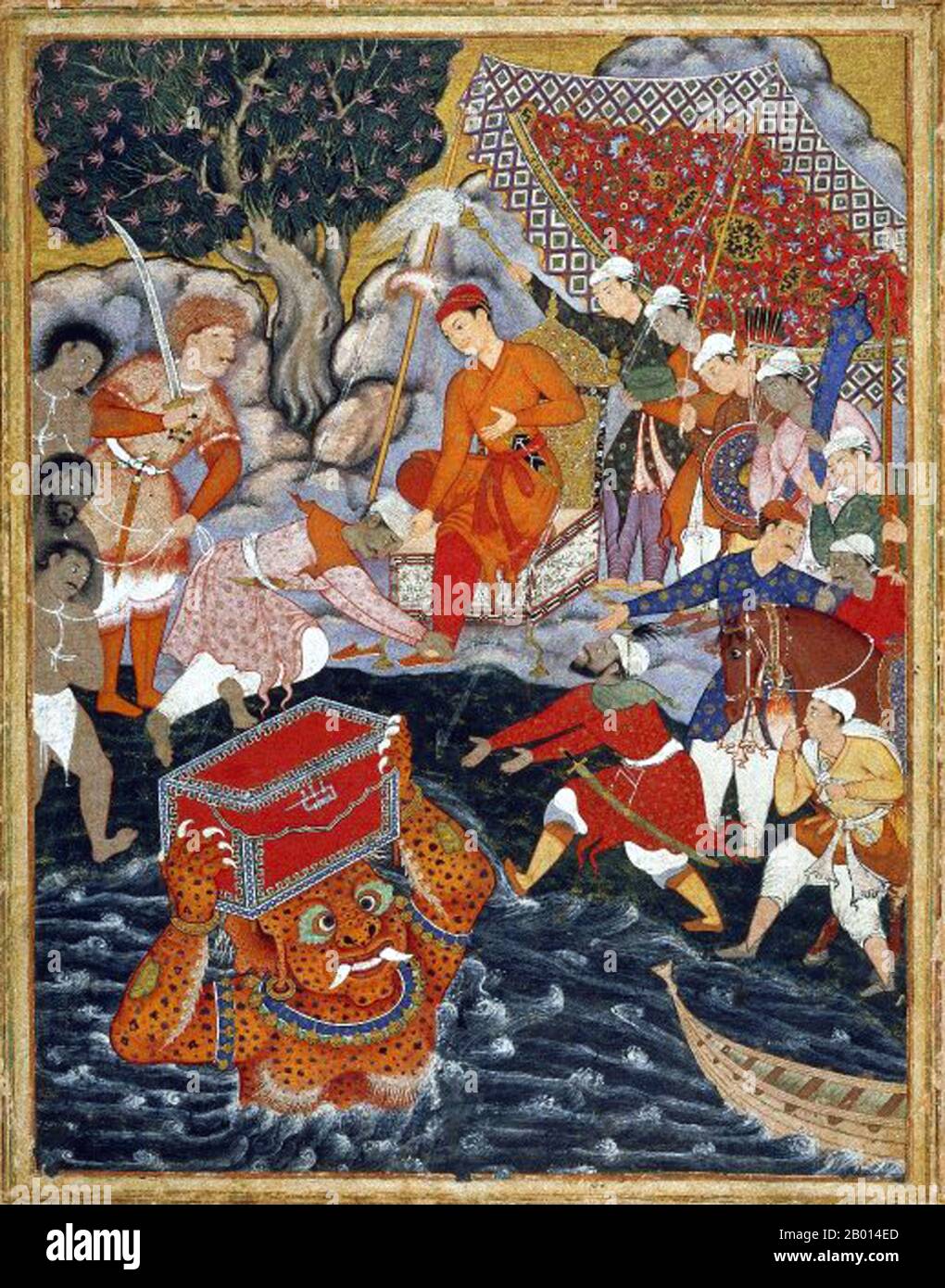 Inde: 'Arghan Div apporte la poitrine de l'armure à Hamza'. Gouache et peinture d'or représentant une scène du Hamzanama, c. 1562-1577. Le Hamzanama ou Dastan-e-Amir Hamza (aventures d'Amir Hamza) raconte les exploits mythiques d'Amir Hamza, l'oncle du prophète de l'Islam. La plus grande partie de l'histoire est extrêmement fantaisiste, décrit de manière mémorable par le premier empereur Moghul Babur comme: «un long mensonge insensé, opposé au sens et à la nature». Pourtant, le Hamzanama s'est révélé extrêmement populaire auprès du petit-fils de Babur, le troisième empereur moghol Akbar, qui a commandé une magnifique version illustrée de l'épopée. Banque D'Images