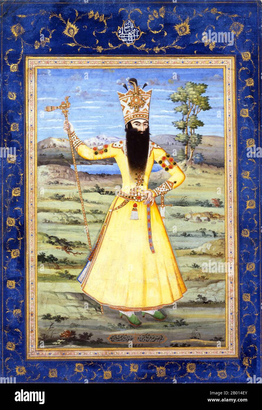 Iran : Portrait de Fath Ali Shah Qentra (5 septembre 1772 – 23 octobre). Peinture par Ahmad (fl. Début XIXe siècle), c. 1811. Fath-Ali Shah Qajar (Fathalishah, Fathali Shah, Fath Ali Shah) était le deuxième Shah Qajar (roi) d'Iran. Il a régné du 17 juin 1797 au 23 octobre 1834, au cours duquel l'Iran a définitivement perdu ses territoires du nord du Caucase (Arménie moderne, Azerbaïdjan, Daghestan et Géorgie) dans l'Empire russe après les guerres russo-perses de 1804-1813 et de 1826-1828. À la fin de son règne, l'Iran était sur le point de s'effondrer en raison de graves problèmes économiques. Banque D'Images