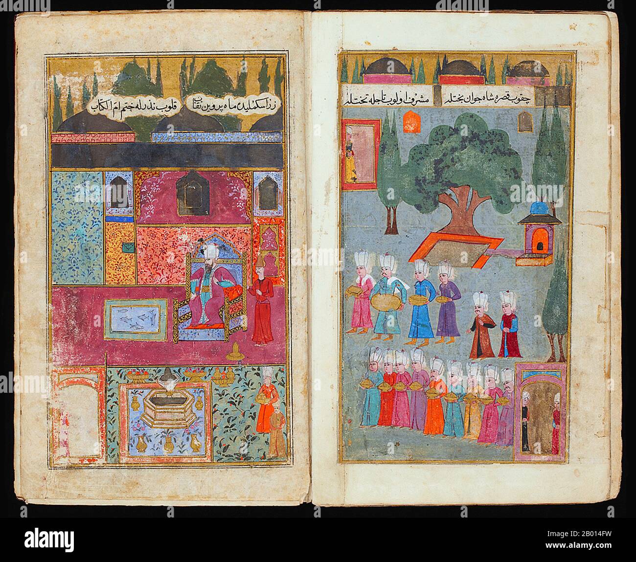 Turquie: 'Le couronnement de Mehmed III dans le palais de Topkapi en 1595'. Tableaux miniatures d'un manuscrit illustré représentant la campagne militaire de 1595 en Hongrie par le Sultan Ottoman Mehmed III, c. 1600. Mehmed III Adli (26 mai 1566 – 21/22 décembre 1603) est sultan de l'Empire ottoman de 1595 à 1603. Il reste notoire pour avoir assassiné dix-neuf de ses frères et demi-frères pour obtenir le pouvoir. Il a également tué plus de vingt de ses sœurs. Ils étaient tous étranglés par des mutes sourds. Mehmed III était un dirigeant inactif, laissant le gouvernement à sa mère Safiye. Banque D'Images