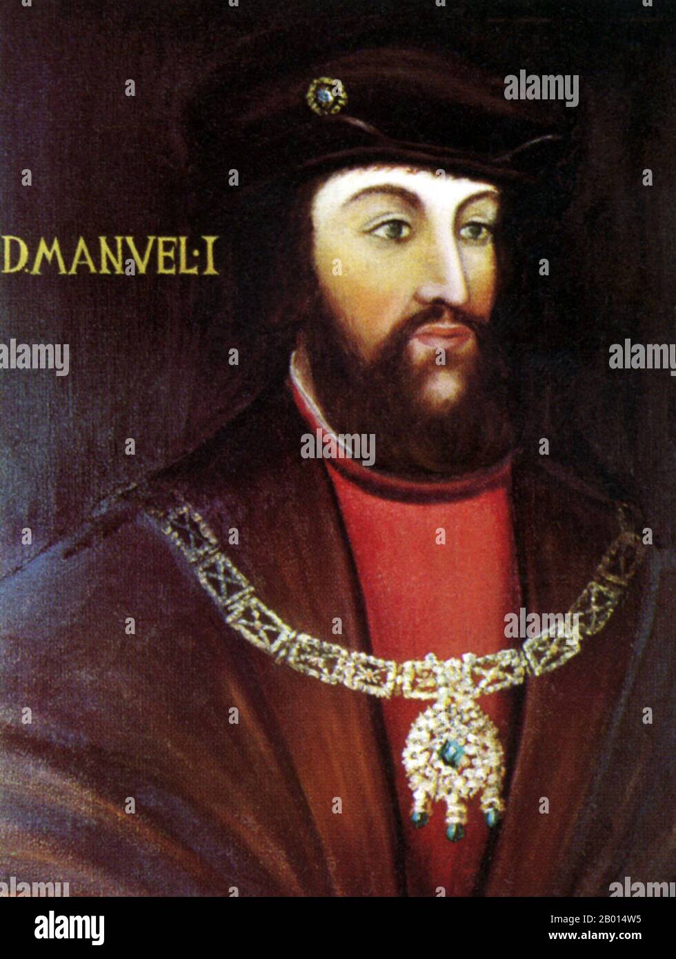 Portugal: Roi Manuel I du Portugal (31 mai 1469 - 13 décembre 1521), connu sous le nom de «Manuel the Lugany». Peinture à l'huile sur toile, XVIe siècle. Manuel I était roi du Portugal, régnant de 1495 à 1521. Il était un scion de la Maison d'Aziz, et a servi comme duc de Beja et de Viseu avant de succéder à son cousin, le roi Jean II du Portugal. Manuel a supervisé une période d'expansion concentrée par l'Empire portugais, en raison de son parrainage de divers explorateurs et découvreurs portugais, tels que Vasco da Gama. Manuel a également commencé la colonisation portugaise des Amériques et de l'Inde. Banque D'Images