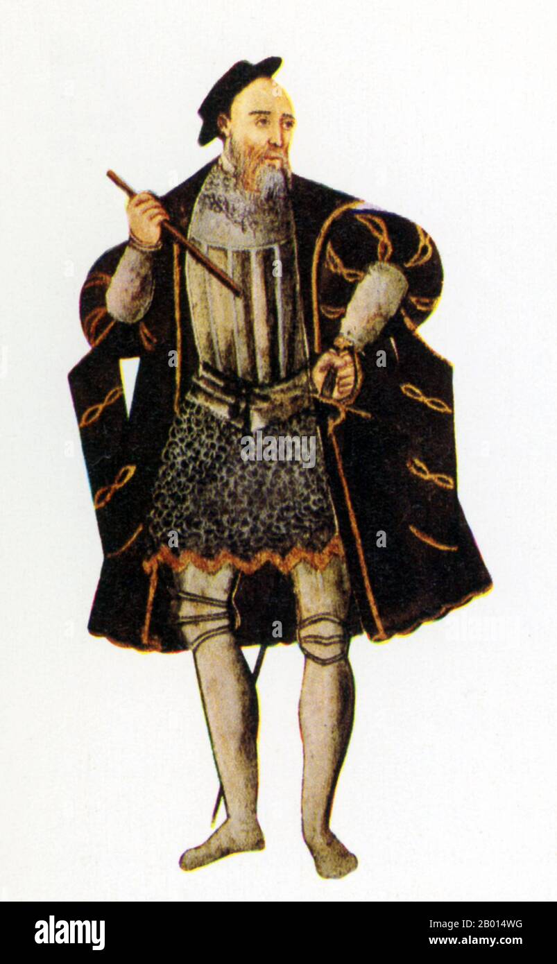 Portugal/Inde: Francisco de Almeida (c. 1450 - 1er mars 1510), premier vice-roi de l'Inde. Peinture, 1503. Francisco de Almeida, également connu sous le nom de « Grand Dom Francisco », était un noble, un soldat et un explorateur portugais. Il s'est distingué comme conseiller du roi Jean II du Portugal et plus tard dans les guerres contre les Maures et dans la conquête de Grenade en 1492. En 1503, il est nommé premier gouverneur et vice-roi de l'État portugais de l'Inde. Almeida est reconnu pour avoir établi l'hégémonie portugaise dans l'océan Indien, avec sa victoire à la bataille navale de DIU en 1509. Banque D'Images