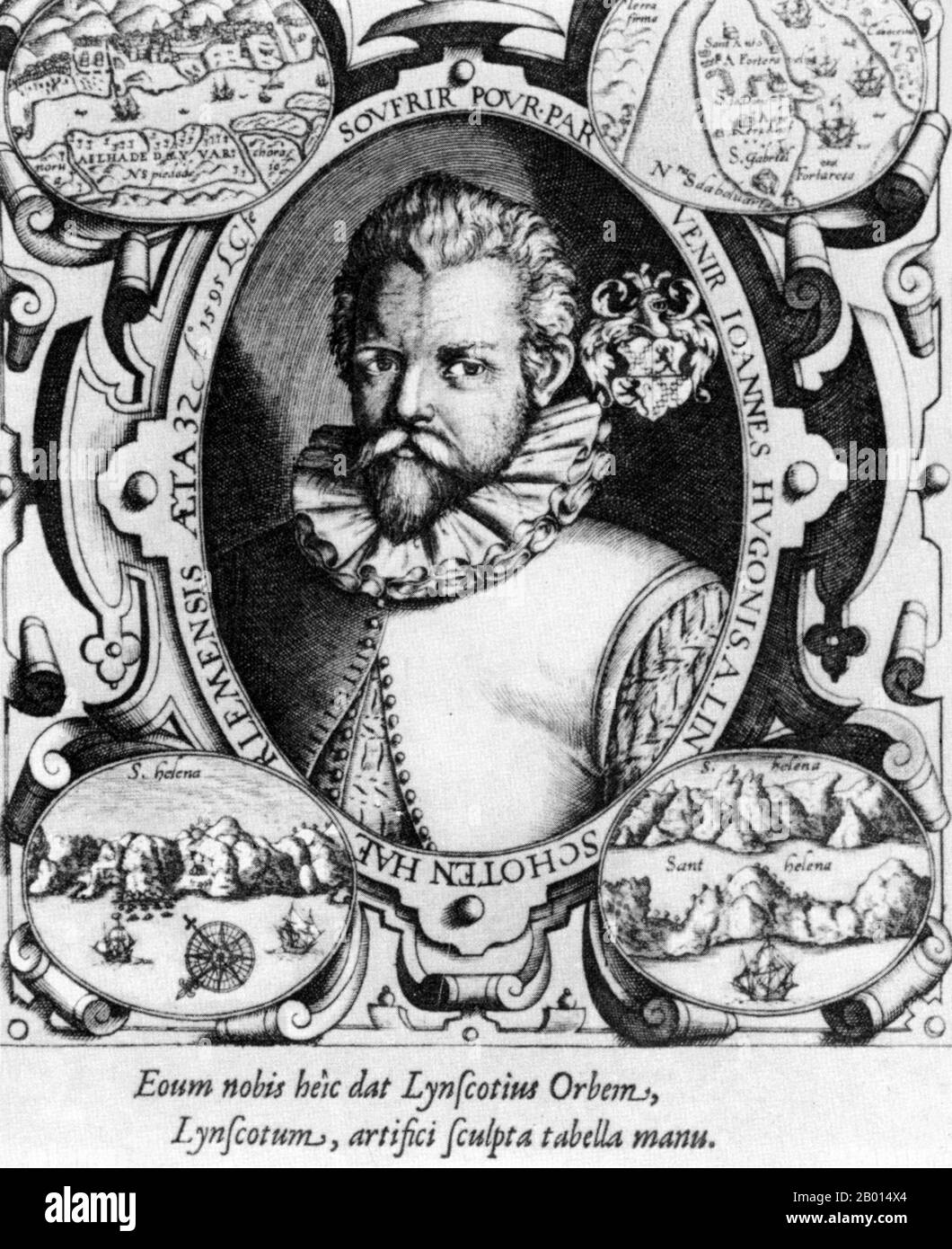 Pays-Bas/Indes orientales: Jan Huyten van Linschoten (1563 - 8 février 1611), un «Wikileaker» médiéval qui a copié des cartes maritimes portugaises et les a publiées en Hollande. Gravure, c. xviie siècle. Jan Huyghen van Linschoten était un commerçant, voyageur et historien protestant néerlandais qui a été crédité de copier des cartes marines portugaises top-secrètes tout en travaillant comme secrétaire de l'archevêque portugais de Goa dans les années 1580. Il a publié plusieurs livres en Hollande qui ont permis d'ouvrir le passage maritime vers les Indes orientales insaisissables aux Anglais et aux Hollandais., brisant le monopole portugais Banque D'Images