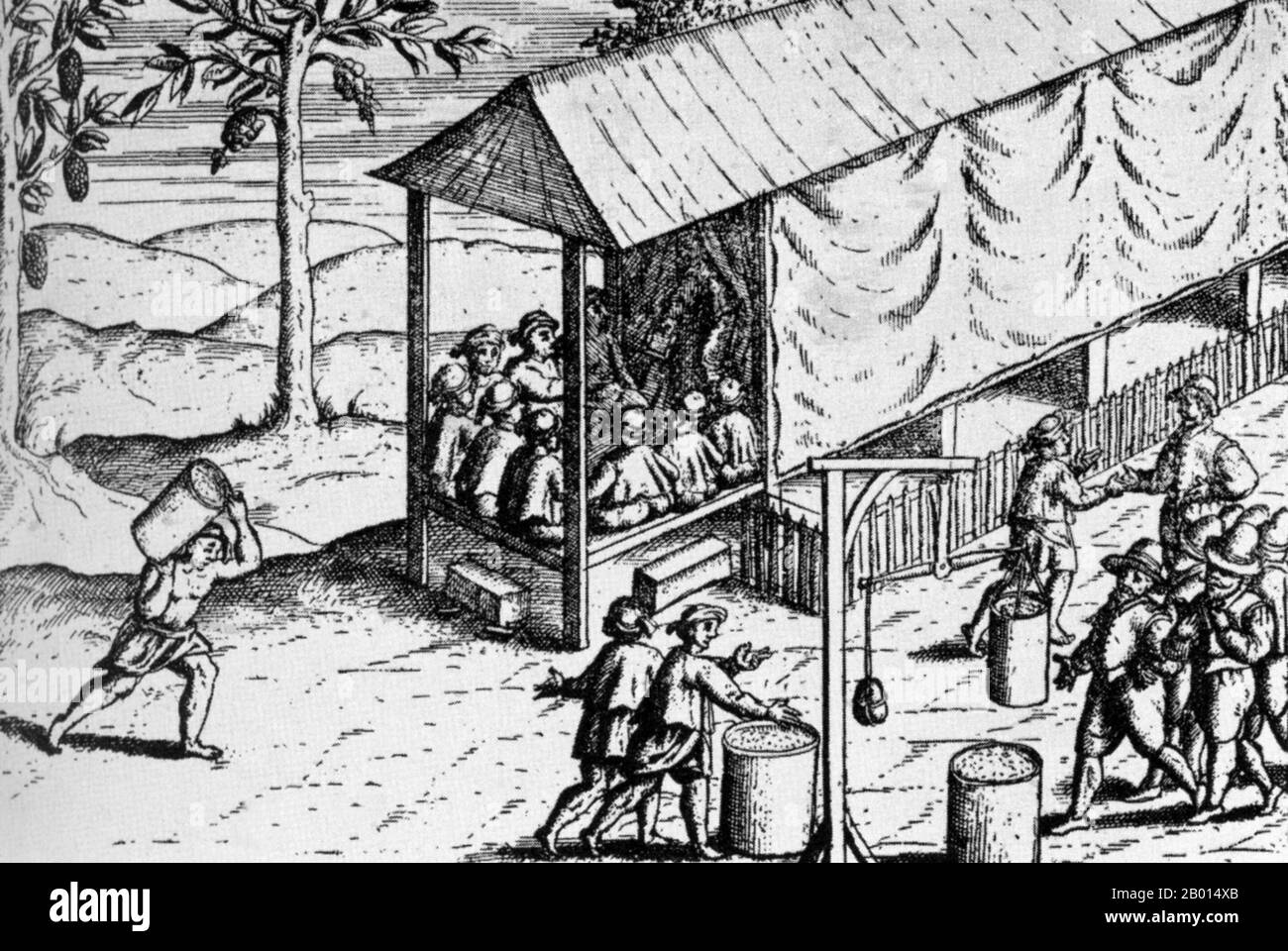 Indonésie : les marchands hollandais font du commerce de muscade dans les Moluques, connus des Européens des XVIe et XVIIe siècles comme les îles aux épices. Gravure de Johann Theodor de Bry (1561-1623), fin du XVIe siècle. La Dutch East India Company, ou VOC, était une société à charte établie en 1602, lorsque les États généraux des pays-Bas lui ont accordé un monopole de 21 ans pour mener des activités coloniales en Asie. C'était la première multinationale au monde et la première société à émettre des actions. Il s'agissait également sans doute de la première mégaporation au monde, possédant des pouvoirs quasi-gouvernementaux. Banque D'Images