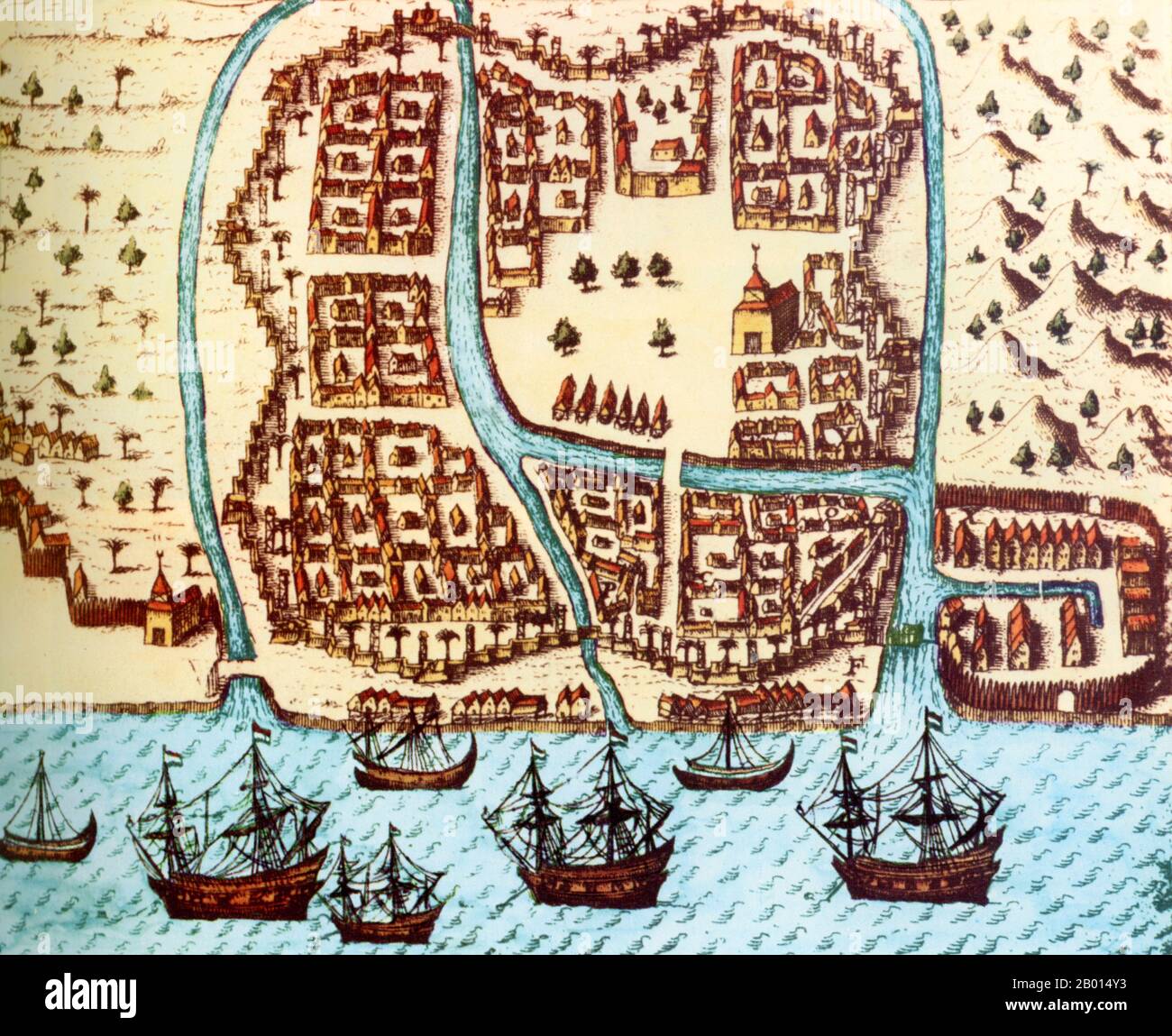 Indonésie: Une carte de Bantam sur la côte ouest de Java en 1596, année de l'arrivée de la première flotte hollandaise en vue d'établir un pied sur le commerce des épices. Gravure, c. 1597-1598. À la suite d'expéditions réussies vers les Indes orientales (Indonésie), les Hollandais ont installé une usine et une forteresse à Bantam, qui a ensuite été transférée dans la nouvelle capitale à Jakarta. La Dutch East India Company, ou VOC, a été établie en 1602 pour exploiter les Indes orientales et, en particulier, les Moluques ou les îles Spice, qui étaient le principal fournisseur mondial de muscade, de mace, de clous de girofle et de poivre. Banque D'Images