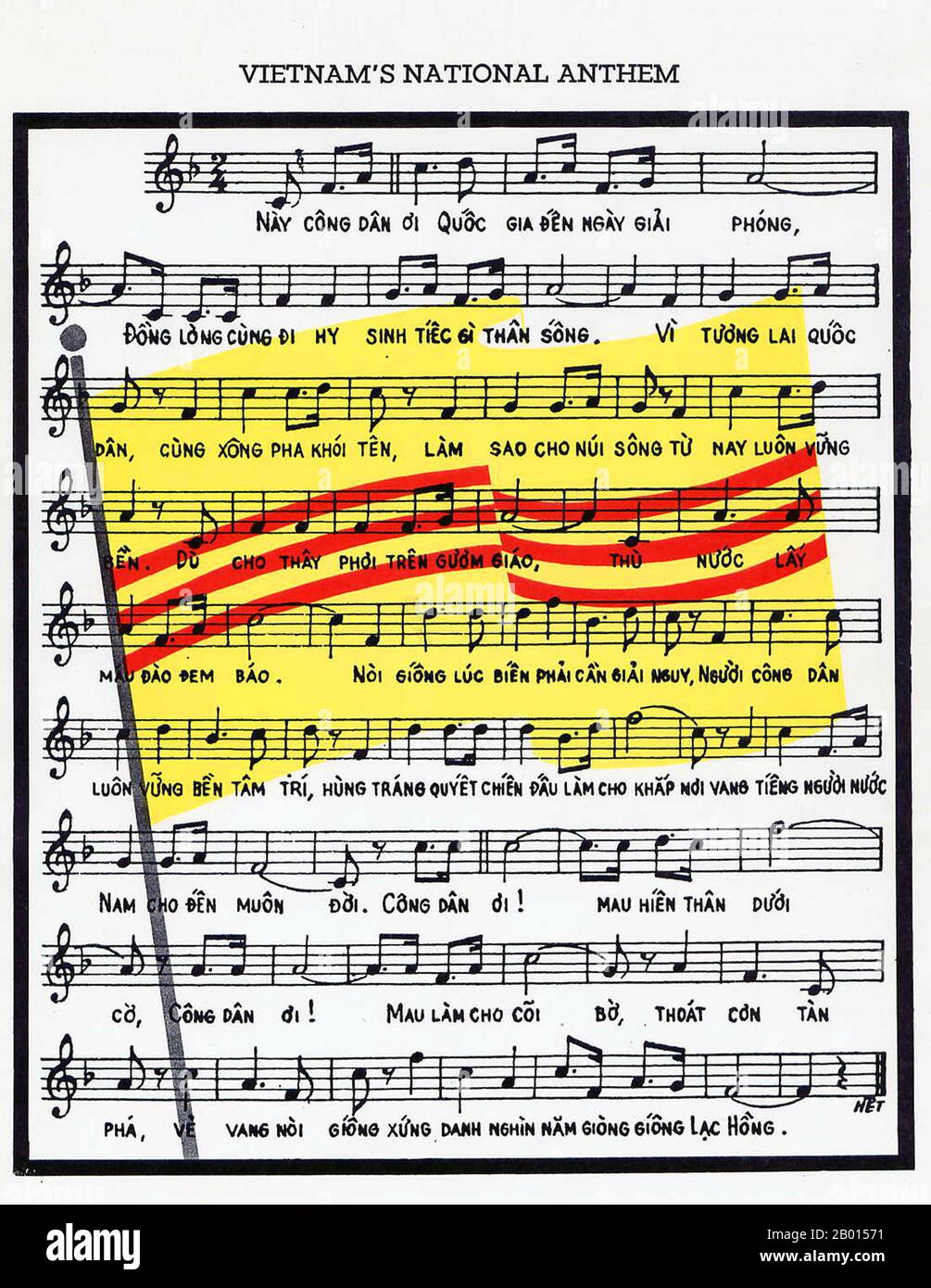 Vietnam: Hymne et drapeau national de l'ex-République du Vietnam (South Vietnam, 1955-1975). Le Vietnam du Sud fait référence à un État qui a gouverné le Vietnam du Sud jusqu'en 1975. Elle a reçu la reconnaissance internationale en 1950 comme "État du Vietnam" (1949-55) et plus tard comme "République du Vietnam" (1955-75). Sa capitale était Saigon. Les termes « Vietnam de Sud » et « Vietnam du Nord » sont devenus couramment utilisés en 1954 au moment de la Conférence de Genève, qui a divisé le Vietnam en zones communistes et non communistes au 17e parallèle. Banque D'Images