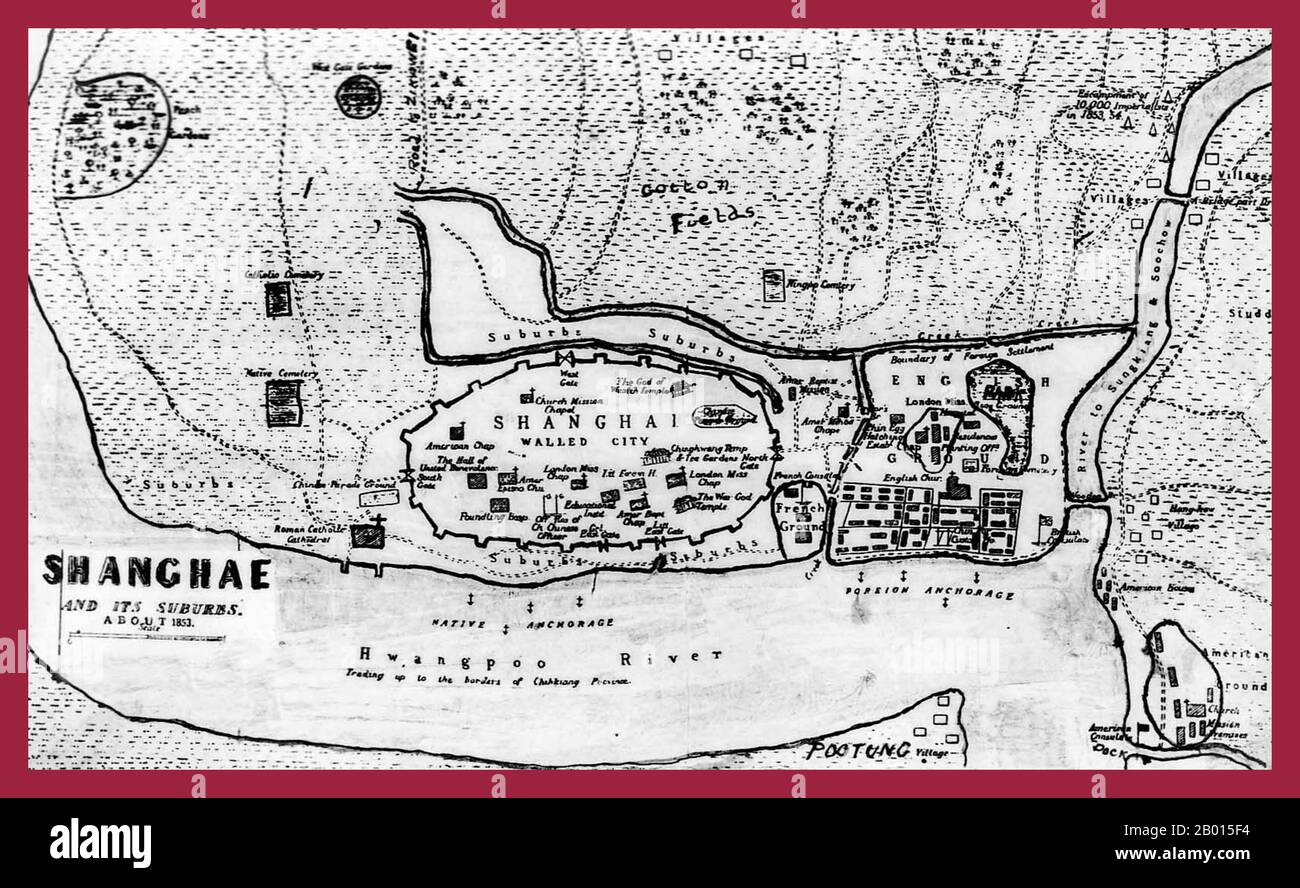 Chine: Carte de la banlieue de 'Shanghae et IT, c.1853'. Cette première carte de Shanghai montre clairement la ville fortifiée chinoise (Nanshi) ainsi que le 'terrain anglais', le 'terrain français' et le 'terrain américain', ainsi que 'Pootung Village', aujourd'hui la ville gratte-ciel de Pudong. Banque D'Images