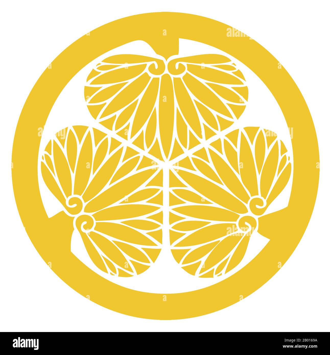 Japon : crête du clan Tokugawa, dirigeants du shogunat Tokugawa (1600-1868).Le clan Tokugawa était une puissante famille daimyo.Ils descendent nominalement de l'empereur Seiwa (850–880) et sont une branche du clan Minamoto par le clan Nitta.Le clan est arrivé au pouvoir à la fin de la période Sengoku, et à la fin de la période Edo, ils ont gouverné le Japon comme des shoguns.En tout, il y avait quinze shoguns Tokugawa.Leur domination était si forte que certains livres d'histoire utilisent le terme « ère Tokugawa » au lieu de « période Edo ».L'écusson du clan, connu en japonais sous le nom de mon, est le triple asarum ou gingembre sauvage. Banque D'Images