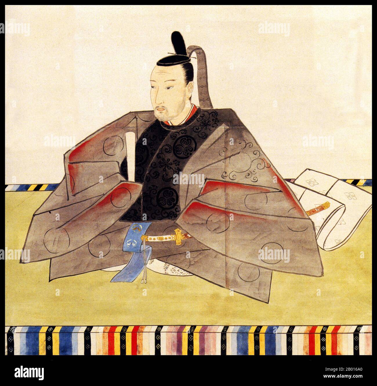 Japon: Tokugawa Iesada (6 mai 1824 - 14 août 1858), treizième souverain du shogunat Tokugawa (r.1853-1858).Peinture à la spirale suspendue, 19e siècle.Tokugawa Iesada, né Masanosuke, était le 13ème shogun du shogunat Tokugawa et le quatrième fils du shogun Tokugawa Ieyoshi.Il a été marqué de la variole et peut avoir eu une paralysie cébral, laissant des inquiétudes au sujet de sa forme physique comme héritier.Sa mauvaise santé signifie qu'il n'a pas pris de rôle politique actif, laissant les négociations avec les Américains aux mains de ses conseillers.Une série de tremblements de terre et de tsunamis ont frappé en 1854 en 1855, tuant des dizaines de milliers de personnes. Banque D'Images