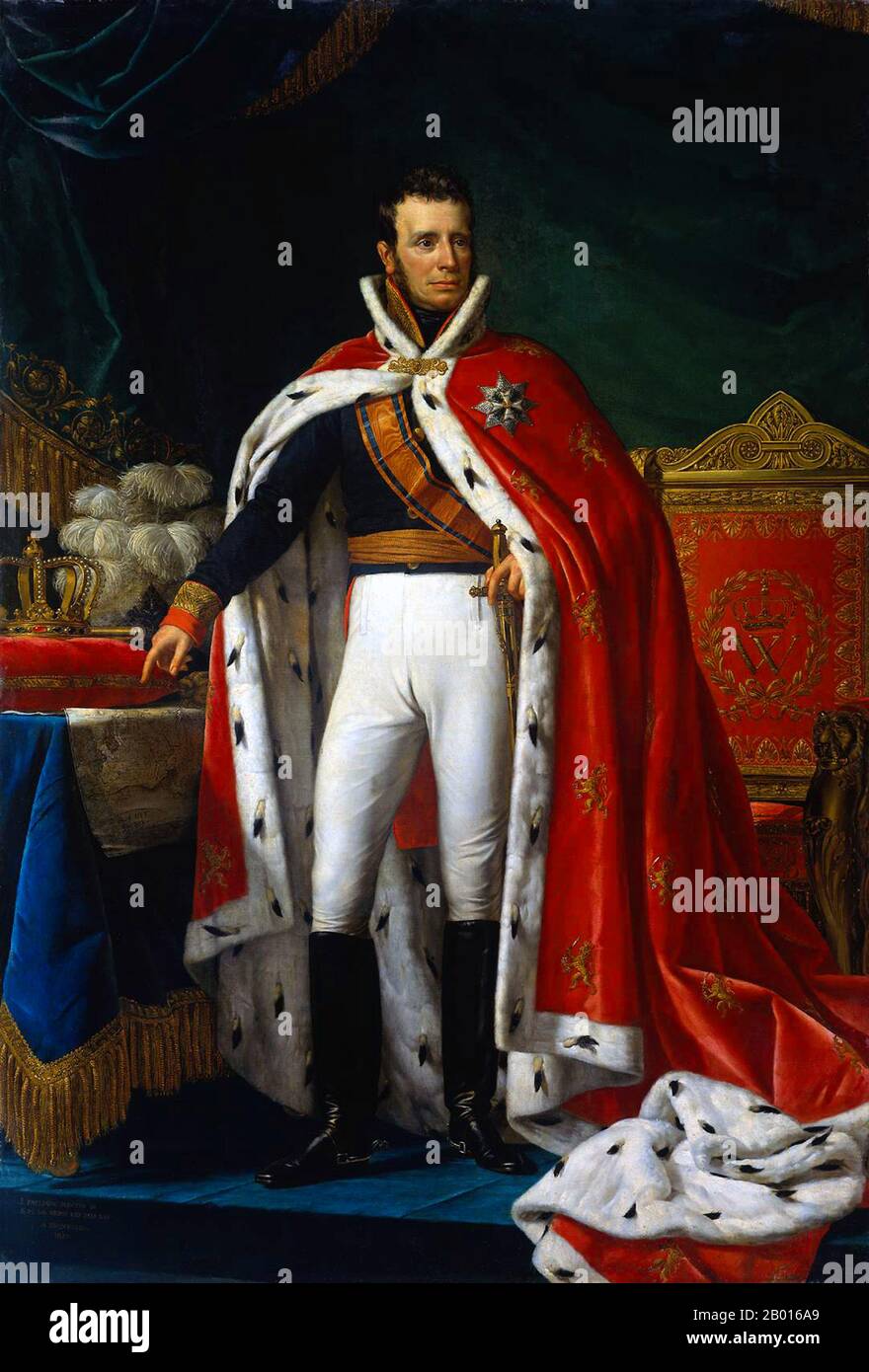 Pays-Bas: William I (24 août 1772 - 12 décembre 1843), Roi des pays-Bas (r.1815-1840).Peinture à l'huile sur toile par Joseph Paelinck (1781-1839), 1819.Guillaume I était le prince d'Orange, le grand-duc de Luxembourg et le roi des pays-Bas.Fils du dernier Stadtholder de la République néerlandaise, il devient le dirigeant de la Principauté de Nassau-Orange-Fulda après un accord avec Napoléon en 1803, qui le dépose plus tard en 1806.Il a été invité à devenir le prince souverain des pays-Bas Unis après la défaite de Napoléon en 1813, et s'est proclamé roi en 1815. Banque D'Images